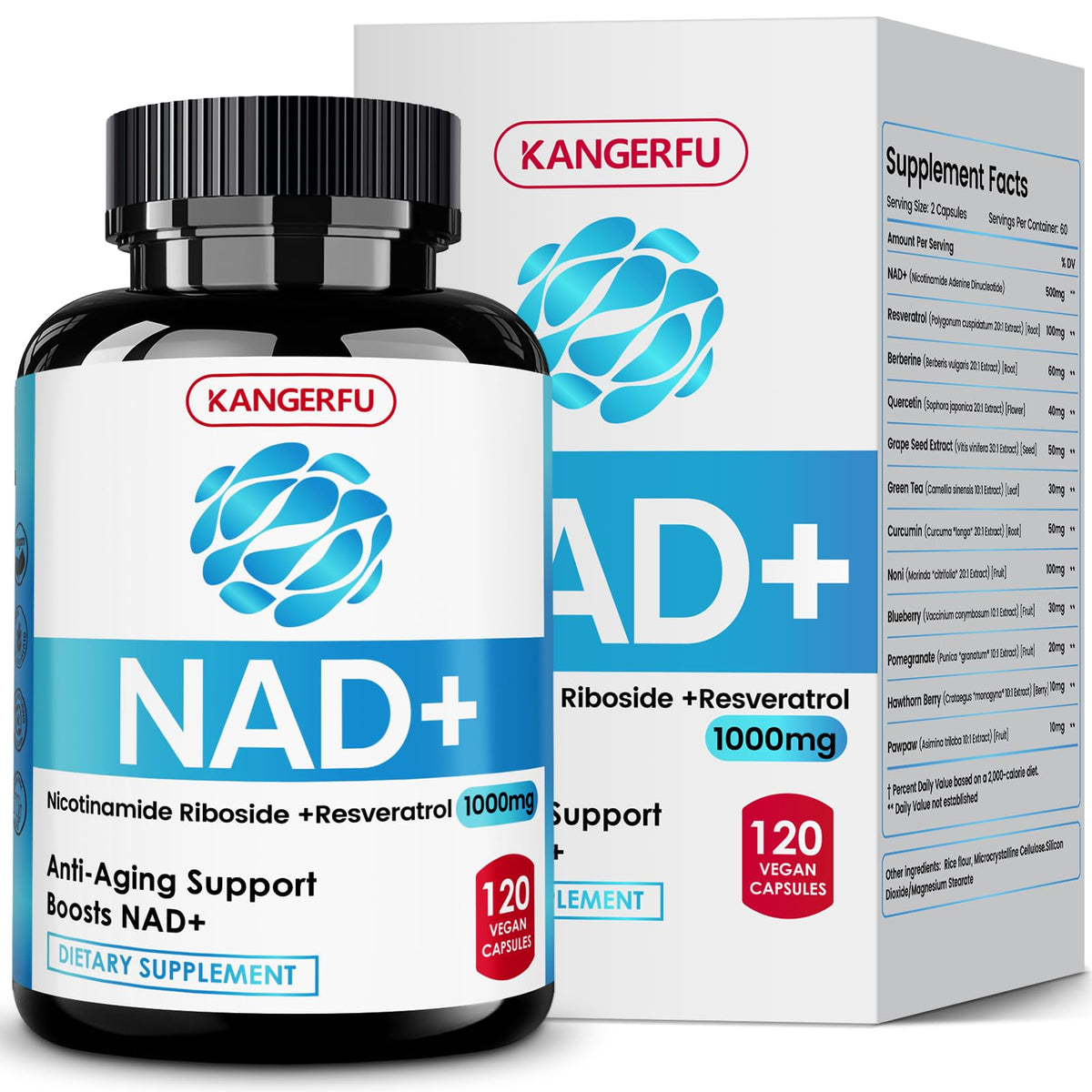 KANGERFU NAD Resveratrol cápsulas para vitalidad diaria y energía sostenida.
