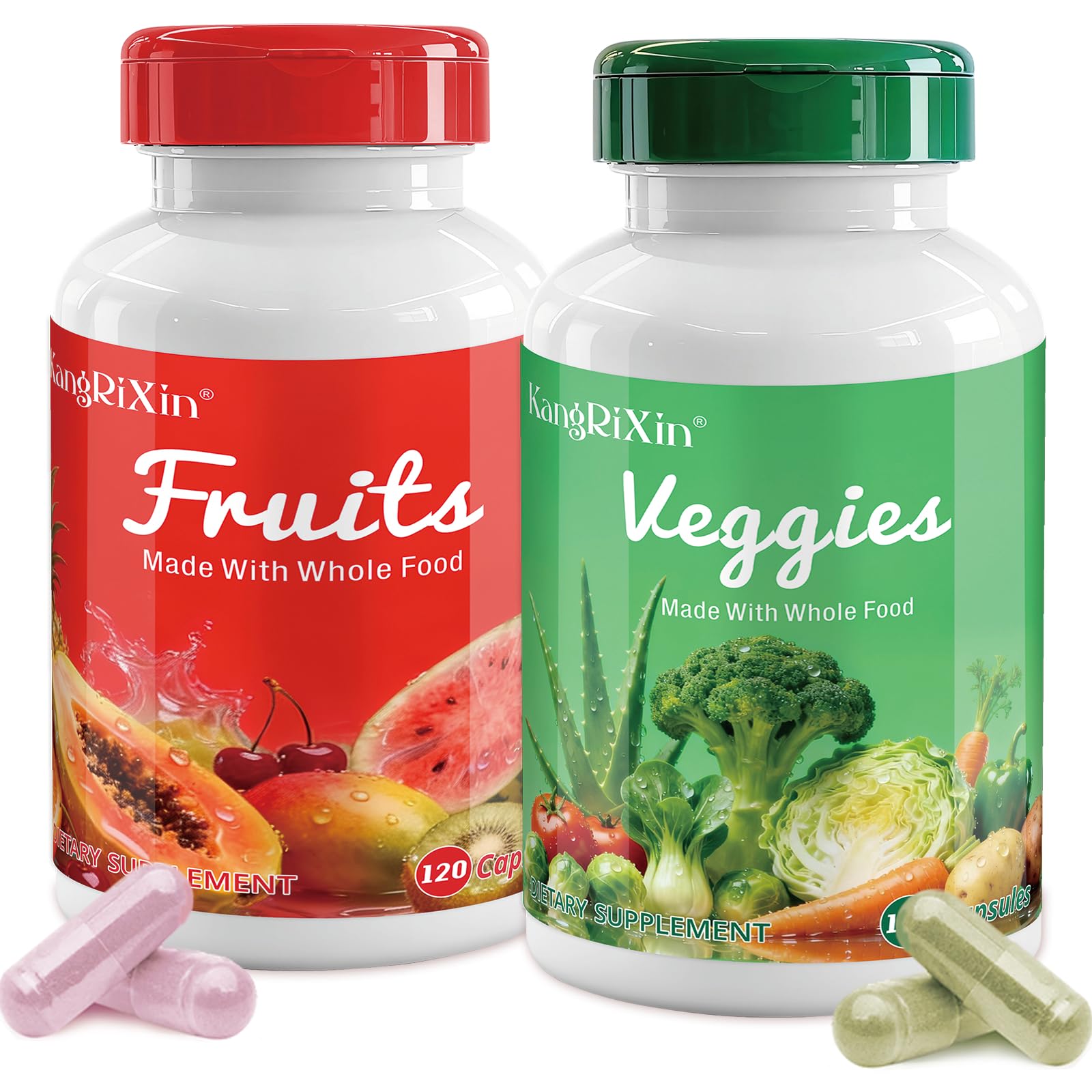 KangRiXin empaque frontal de frutas y verduras en cápsulas para nutrición diaria.