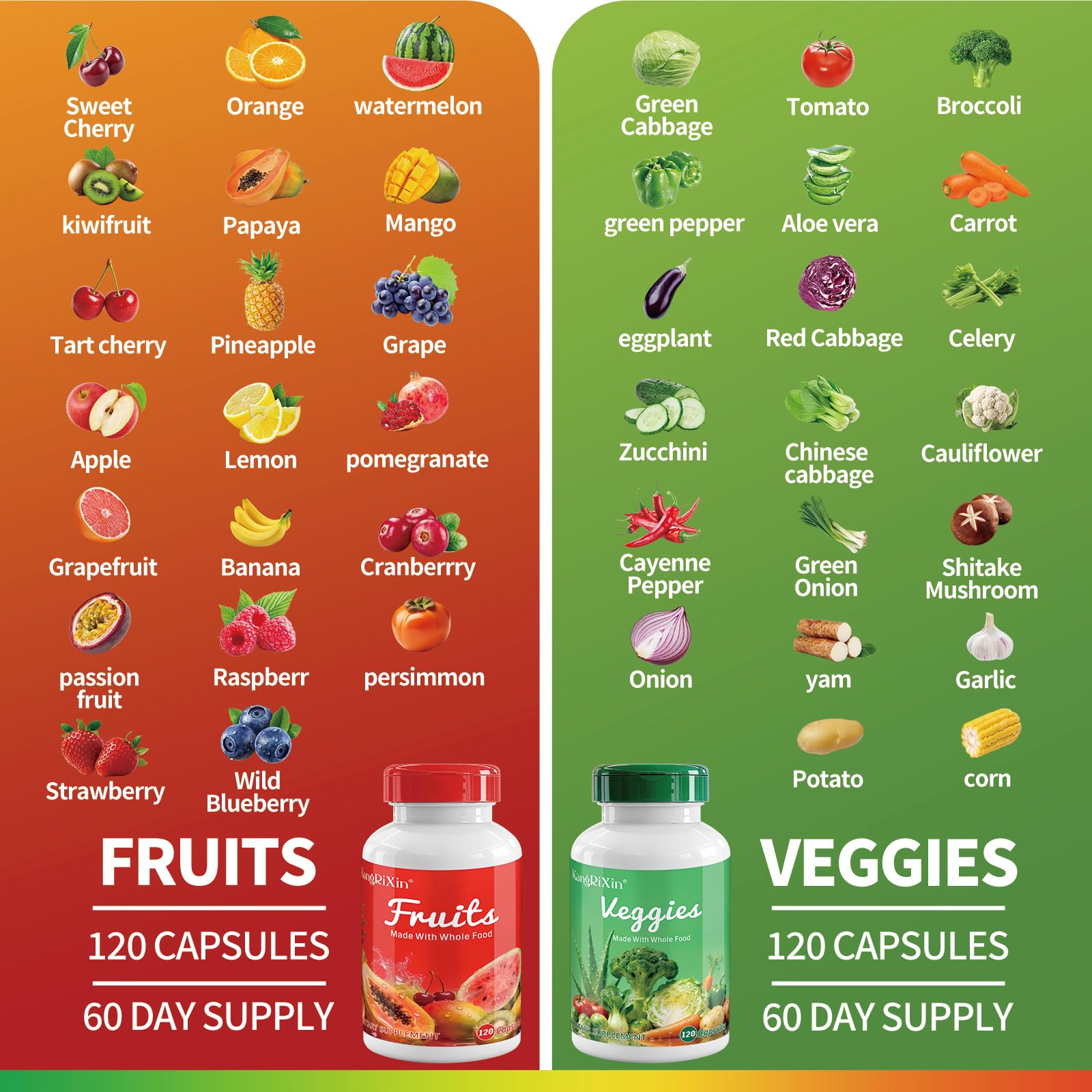 KangRiXin etiqueta muestra ingredientes naturales de frutas y verduras.