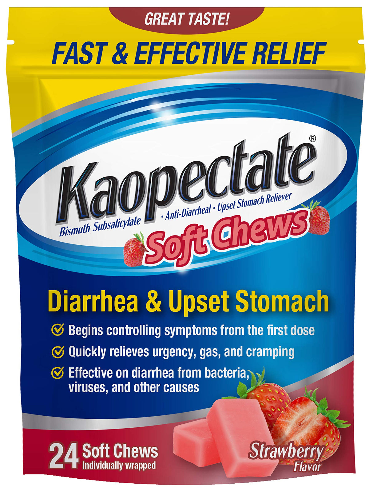 Kaopectate gomitas fresa, empaque frontal, alivio estomacal rápido para viajes.