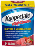 Kaopectate gomitas fresa, empaque frontal, alivio estomacal rápido para viajes.