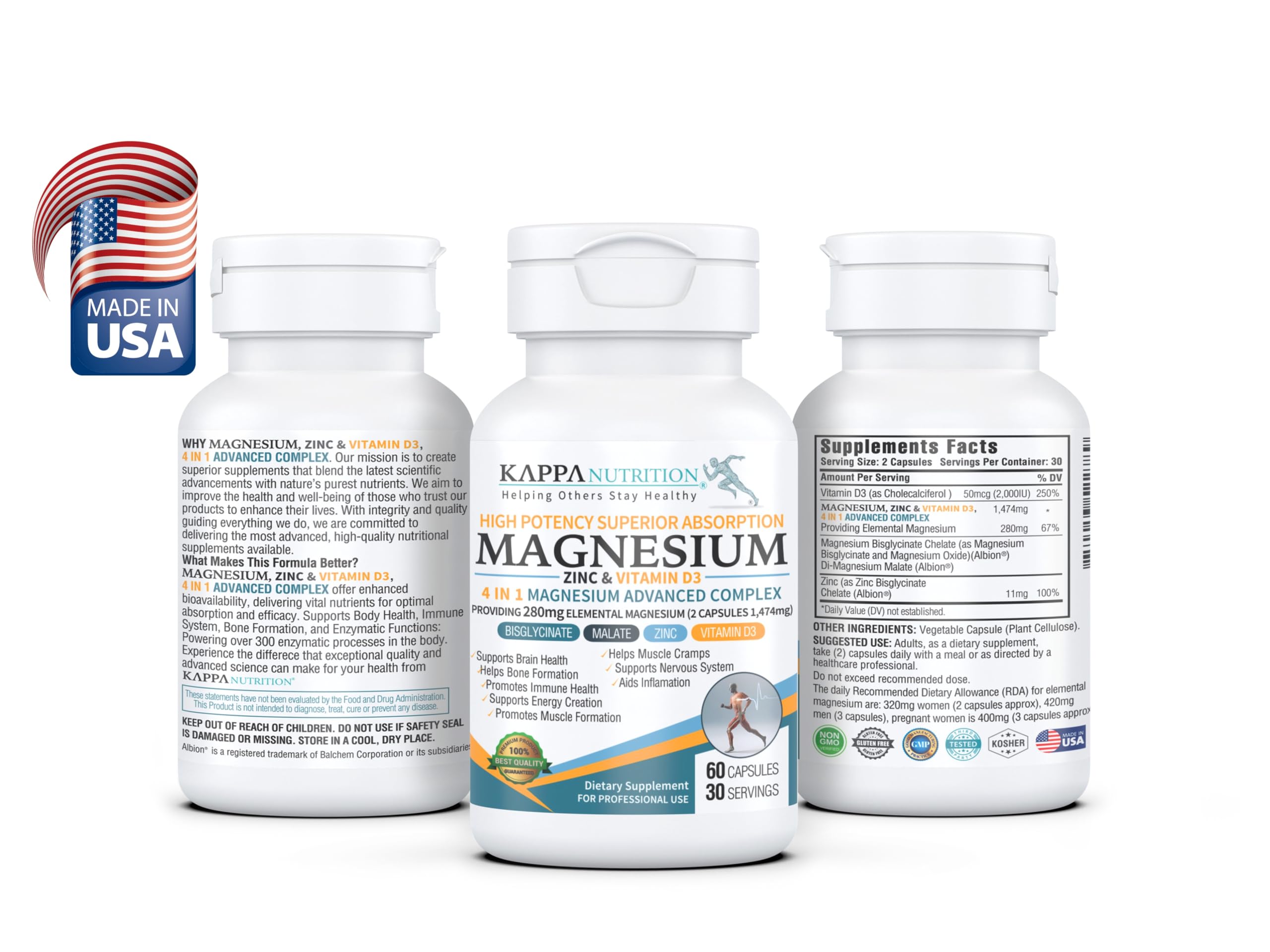 Kappa Nutrition Magnesium 4-en-1: frasco transparente con cápsulas vegetales