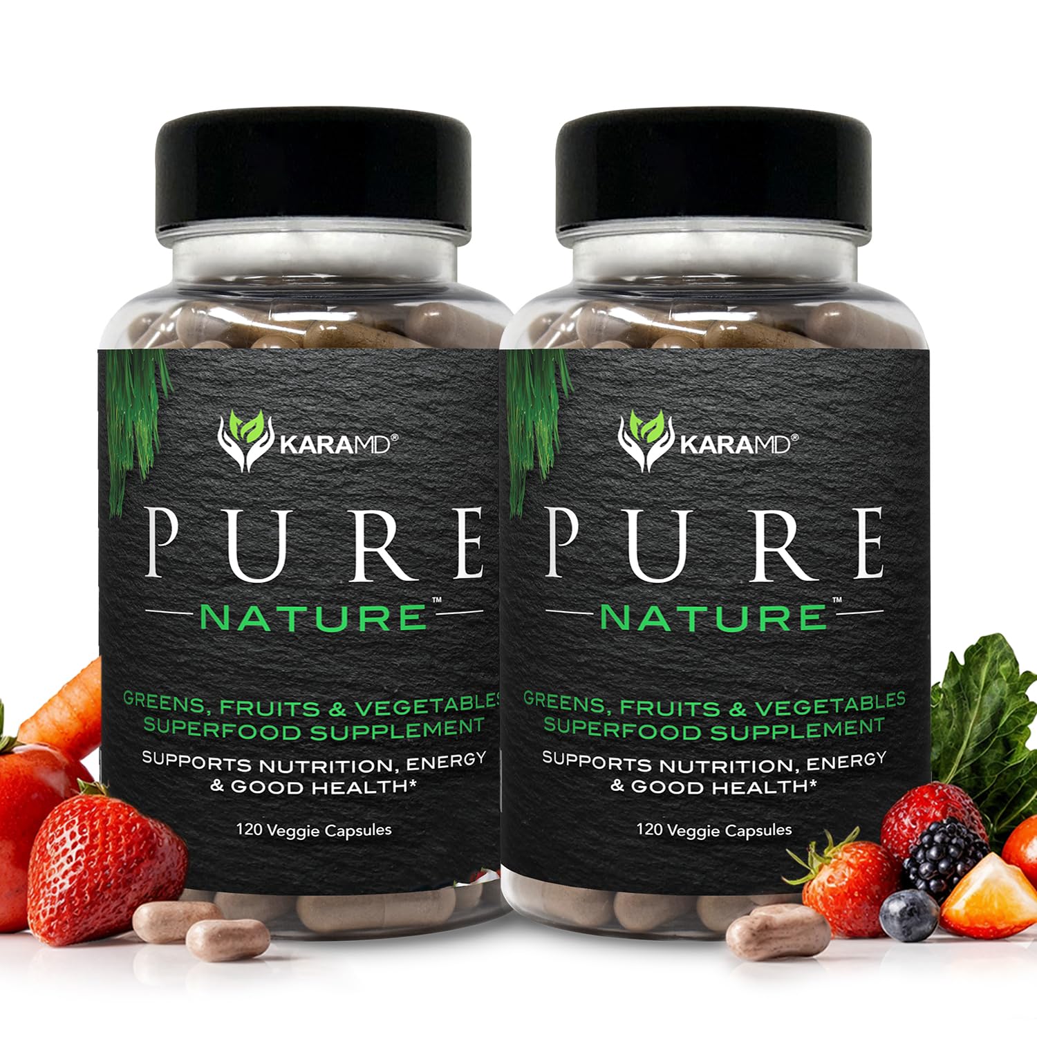 KaraMD Pure Nature: bote de verduras y frutas, apoyo natural para energía diaria.