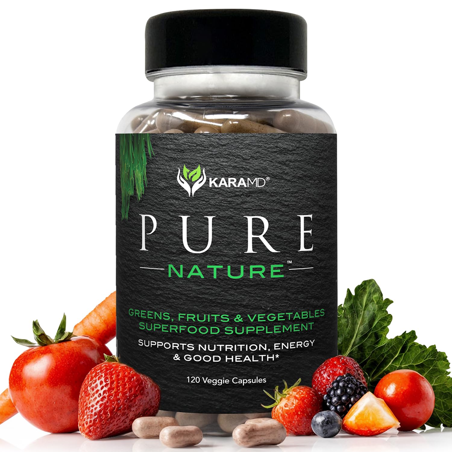 KaraMD Pure Nature, envase verde, apoyo a la energía diaria y digestión.