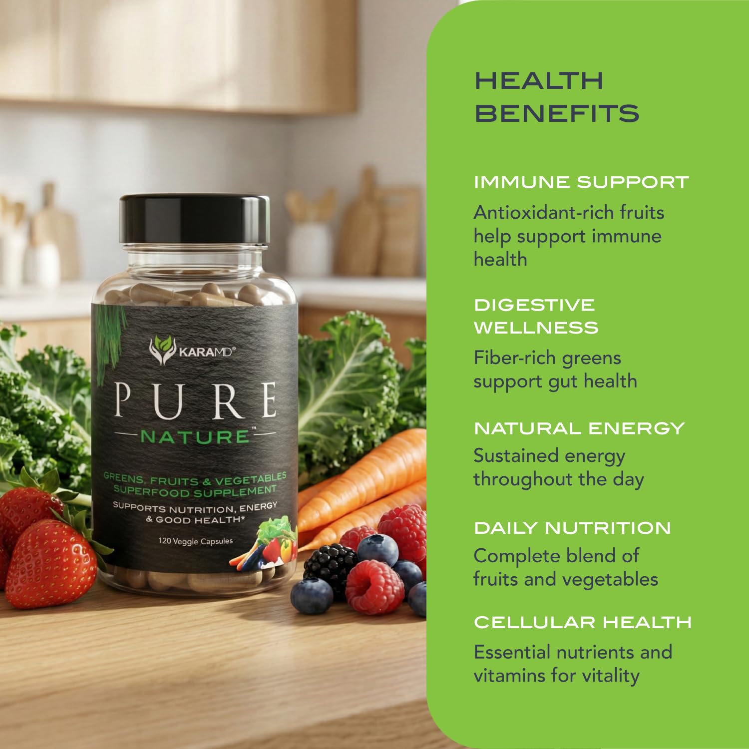 KaraMD Pure Nature, etiqueta que resalta ingredientes no transgénicos y origen en EE. UU.