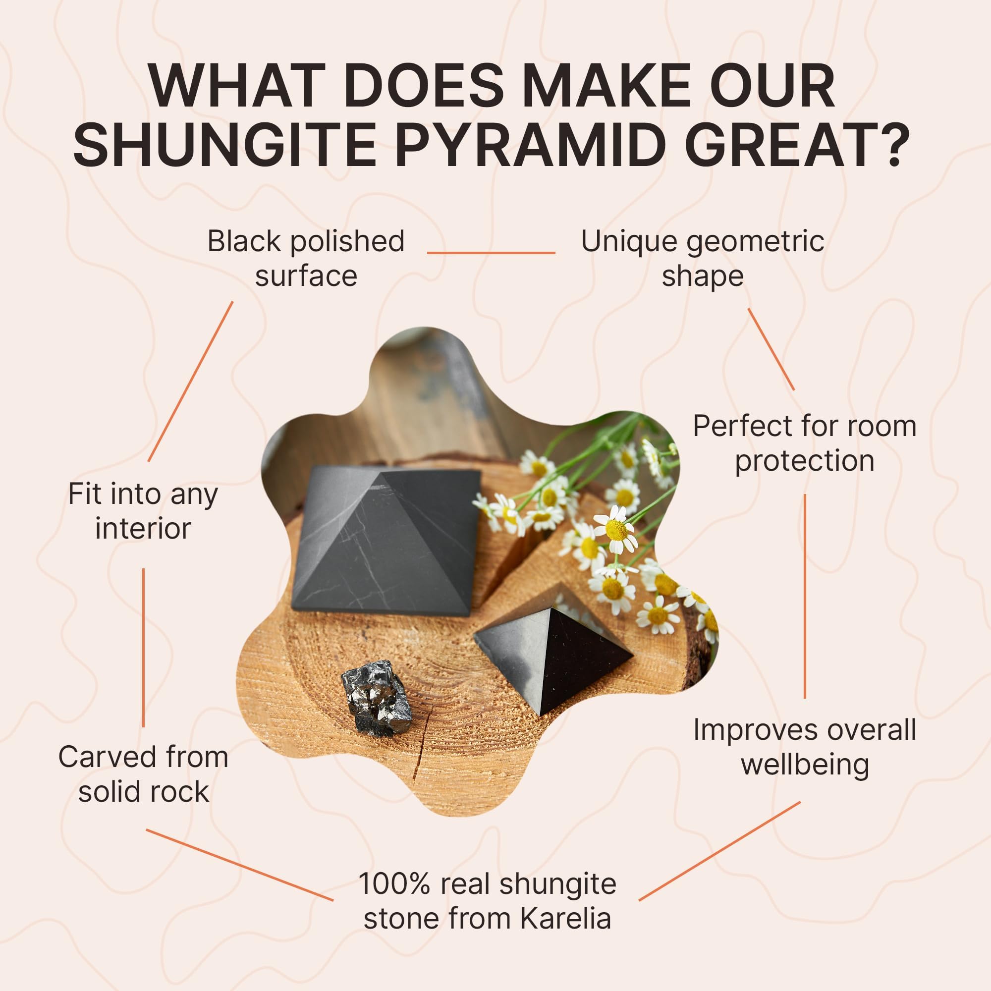 Detalle de superficie negra con vetas doradas de la pirámide shungite de KH
