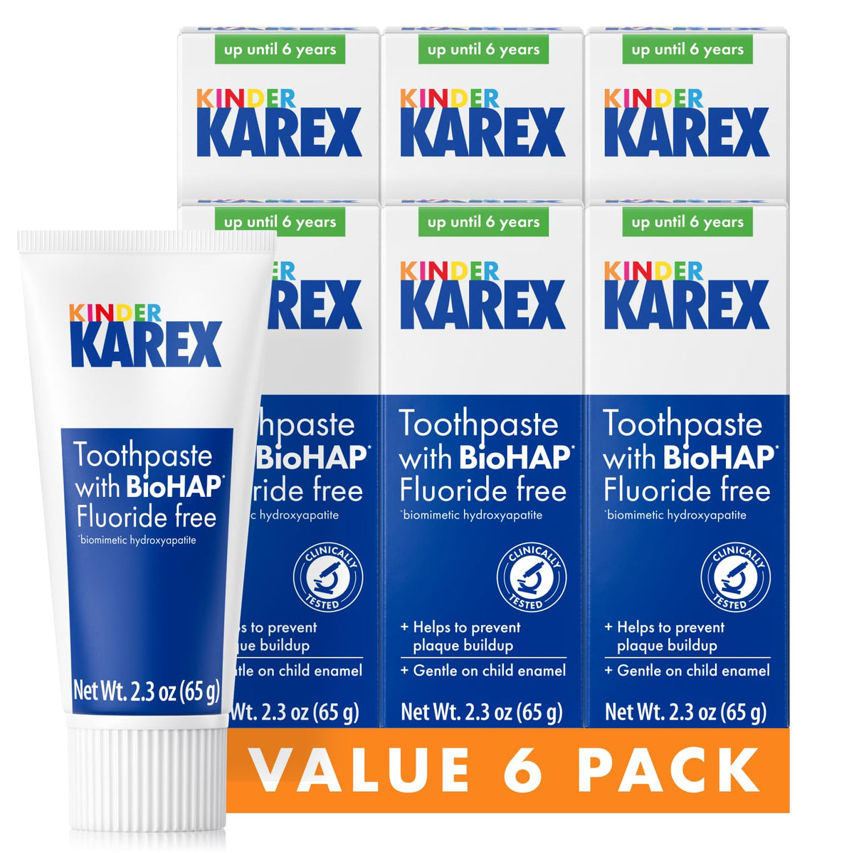 Kinder Karex hidroxiapatita frente al envase, cuidado suave para dientes infantiles.