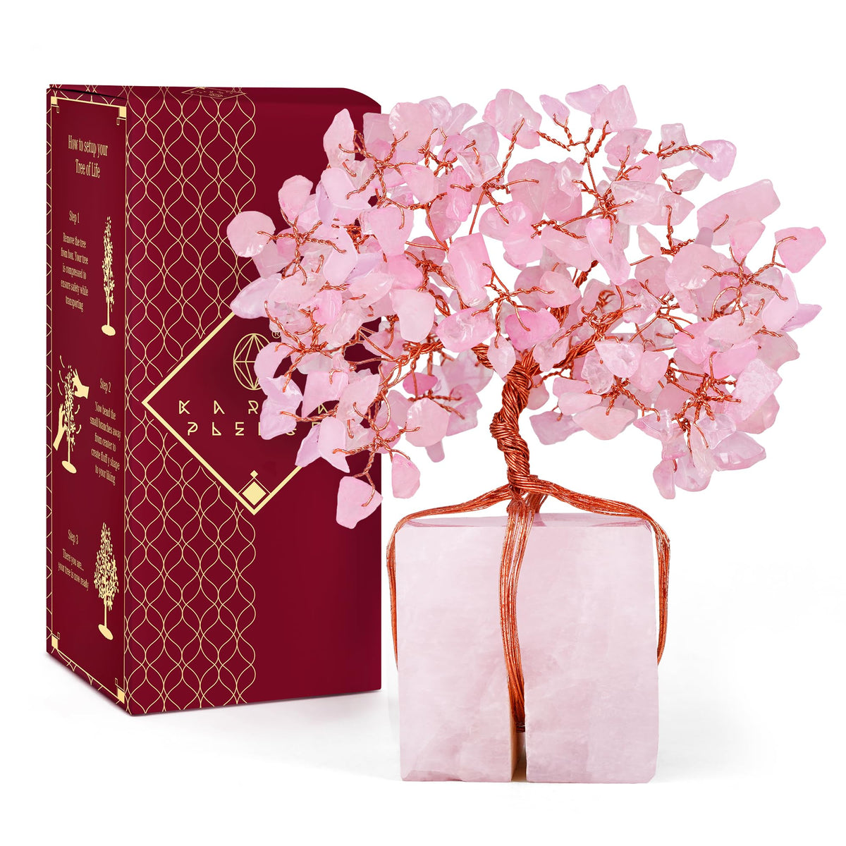 KARMAPLEDGE Árbol de cristal cuarzo rosa con base cuadrada para armonía emocional