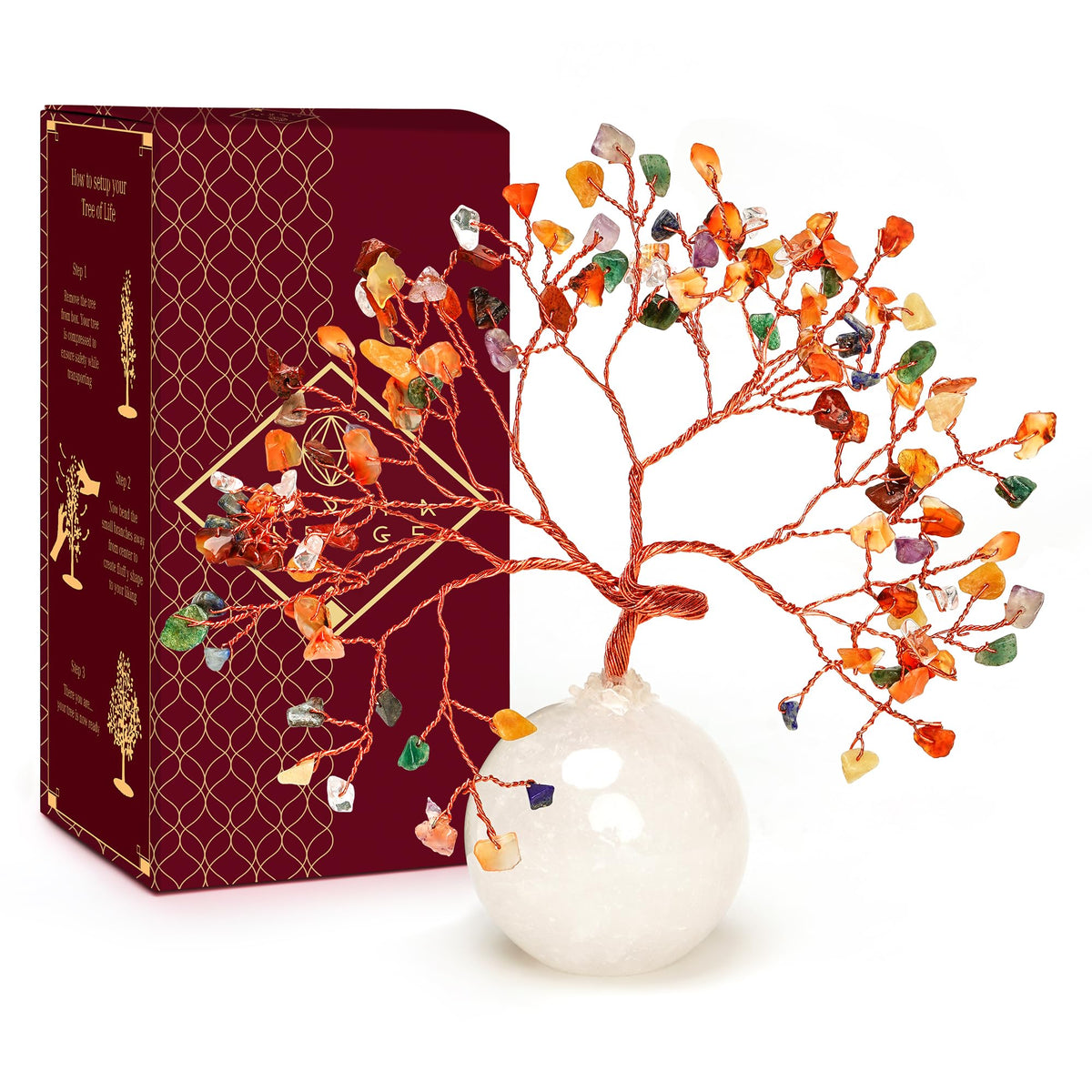 KARMAPLEDGE árbol cristal siete chakras sobre base de cuarzo, ideal para armonía en casa.