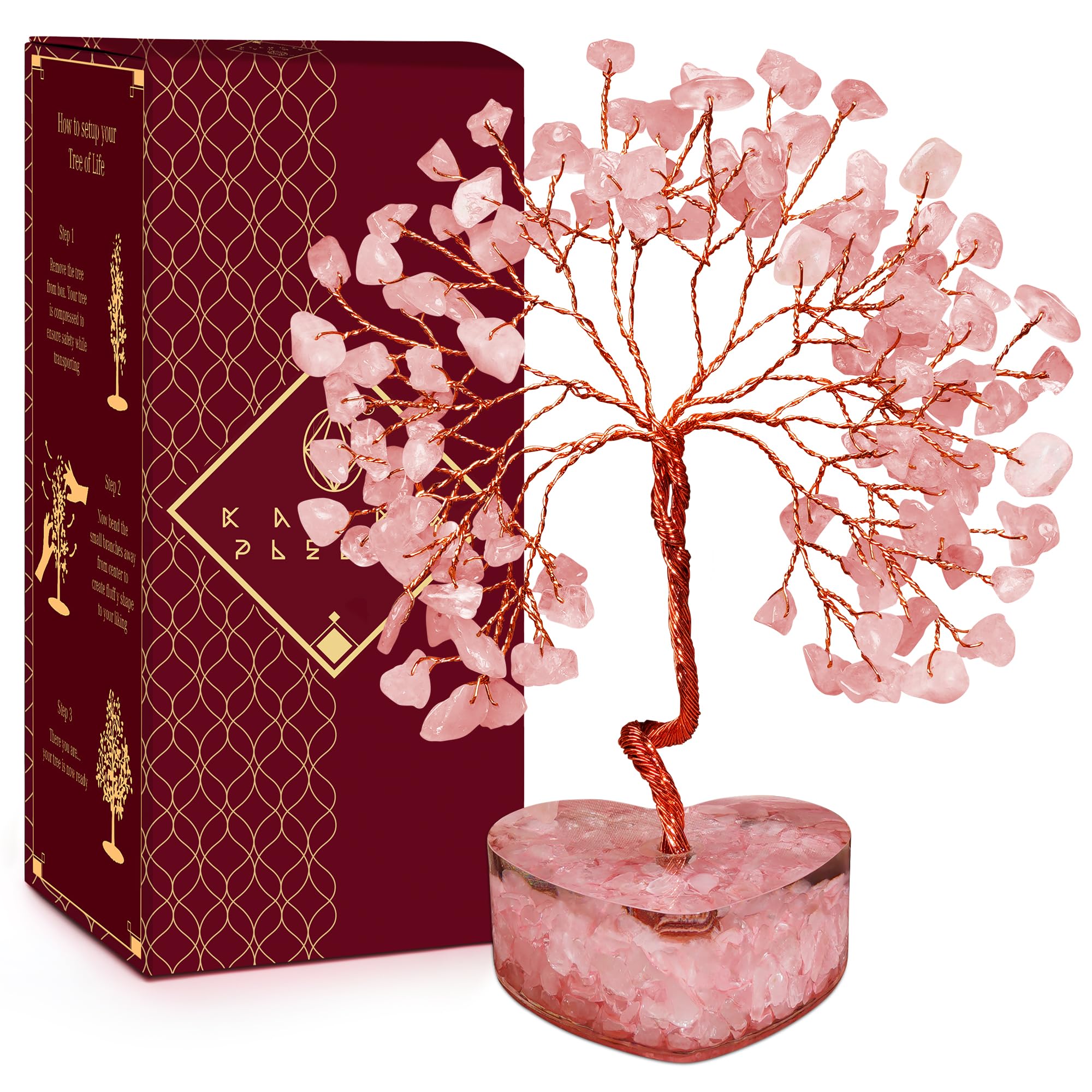 KARMAPLEDGE: árbol de cristales cuarzo rosa, enfoque en cuarzo rosa para armonía emocional.