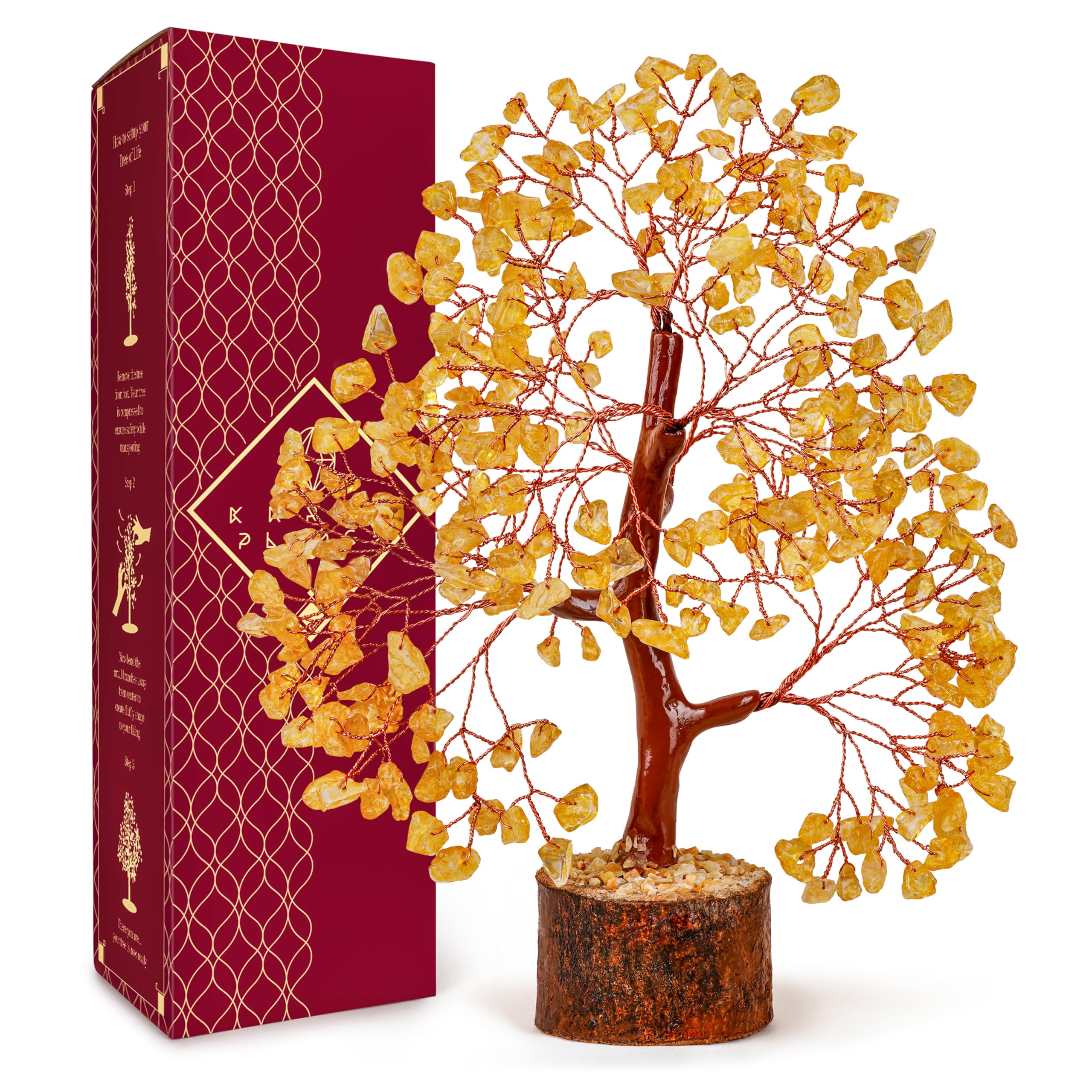 KARMAPLEDGE Arbol de Vida en Cristal Citrino sobre base de madera, ideal para energía positiva.