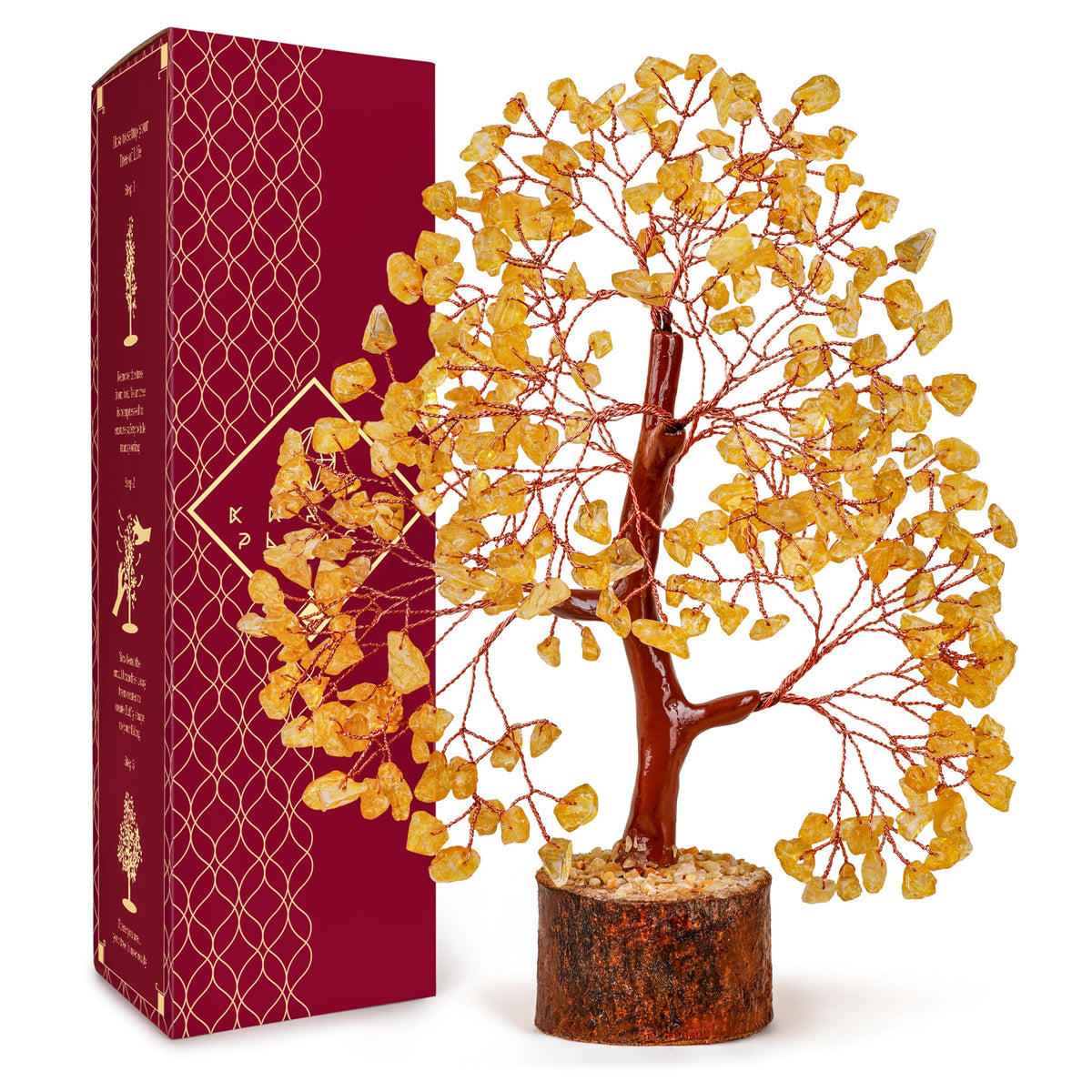 KARMAPLEDGE Arbol de Vida en Cristal Citrino sobre base de madera, ideal para energía positiva.