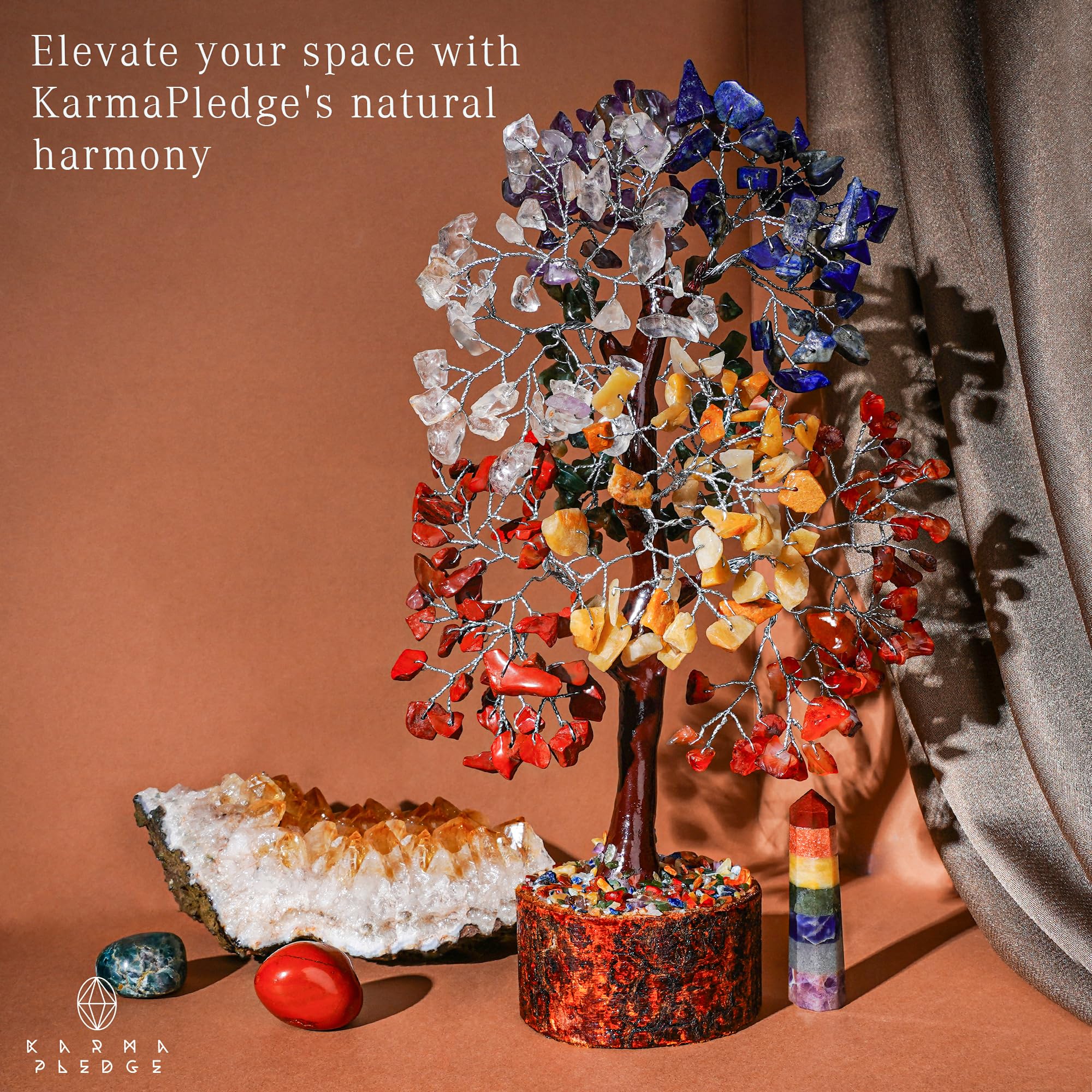 KARMAPLEDGE Base de madera que sostiene el Arbol de Vida con cristales