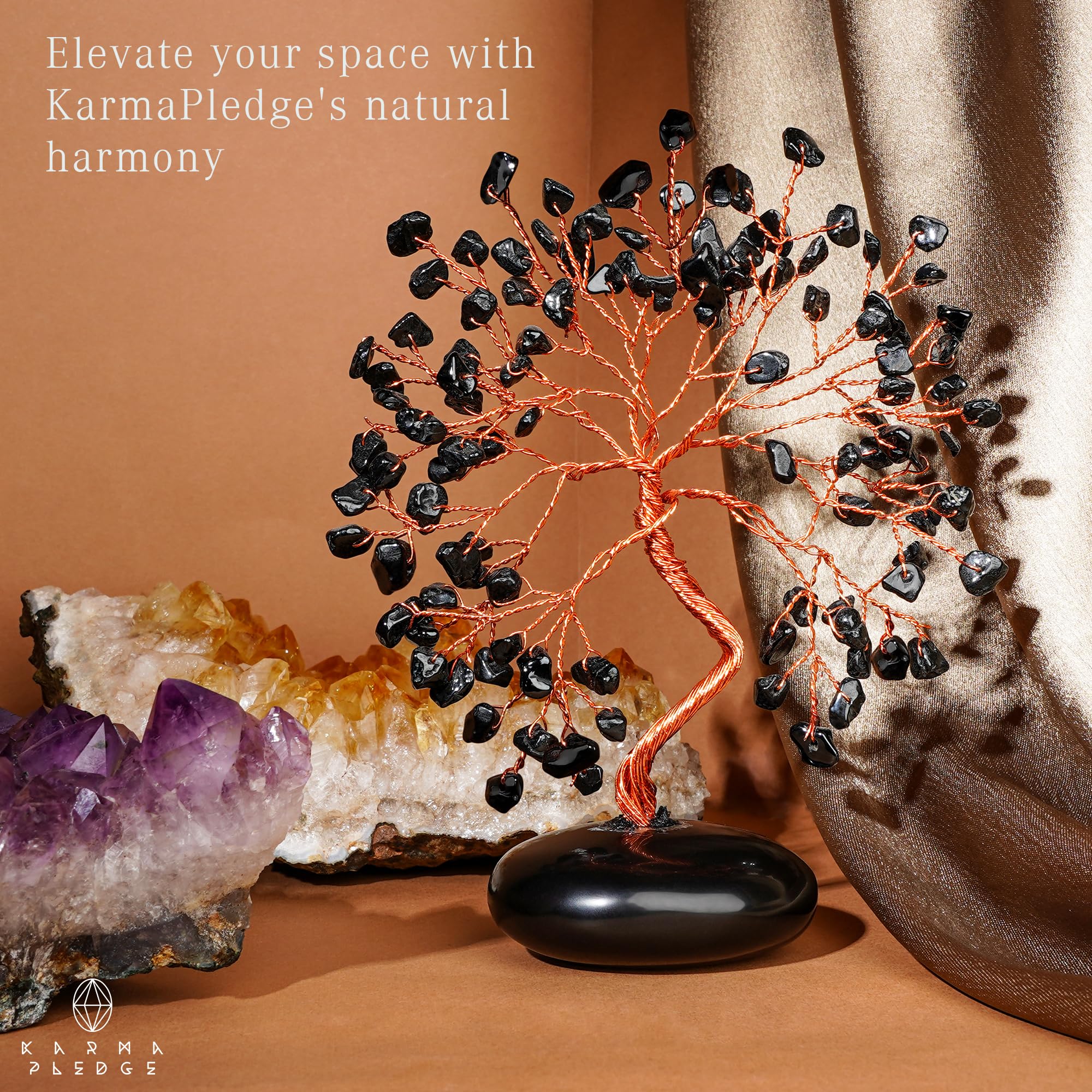 KARMAPLEDGE diseño artesanal de árbol, cuarzos naturales en cobre, decoración premium
