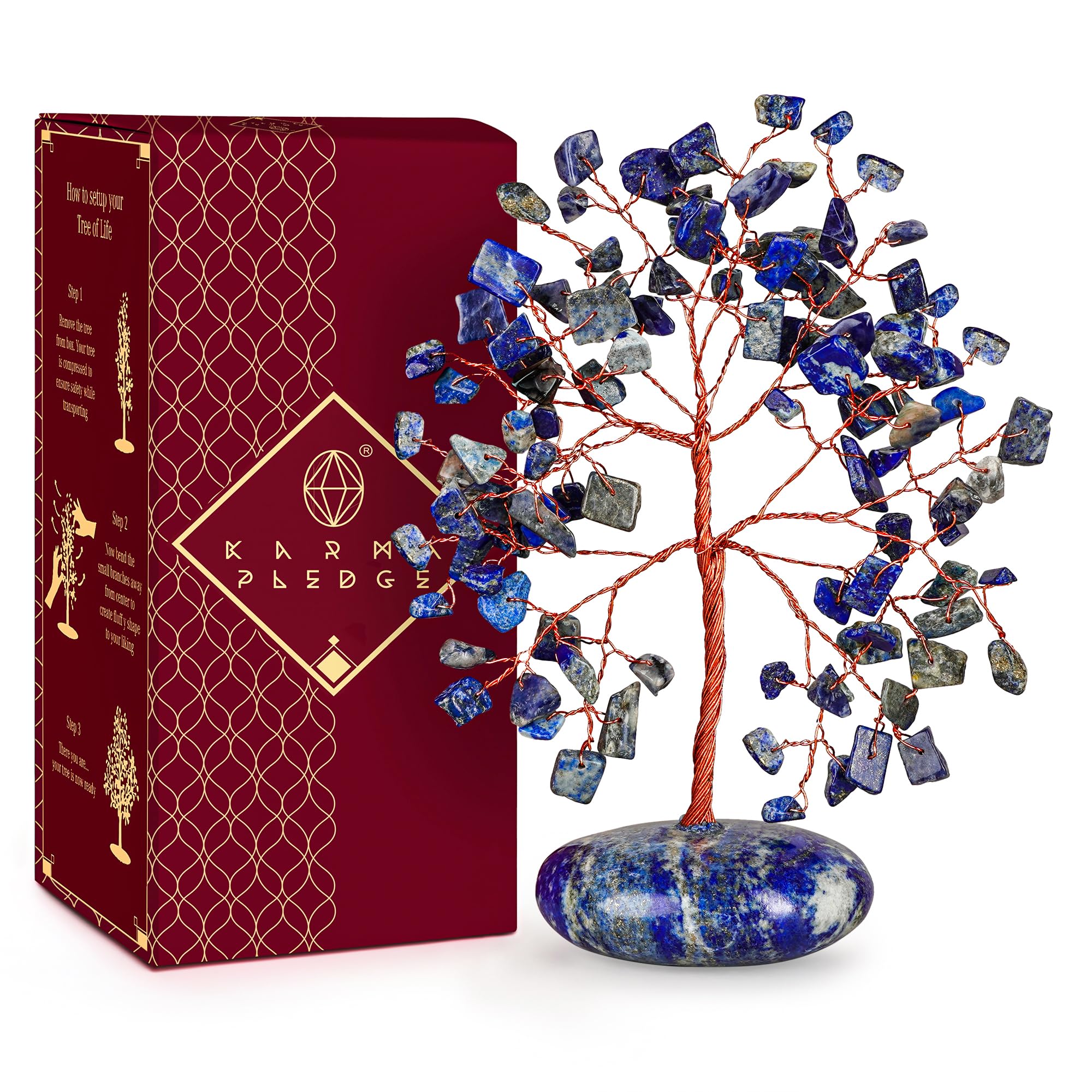 KARMAPLEDGE árbol de vida con lapislázuli y base de piedra, armonía decorativa para el espacio.