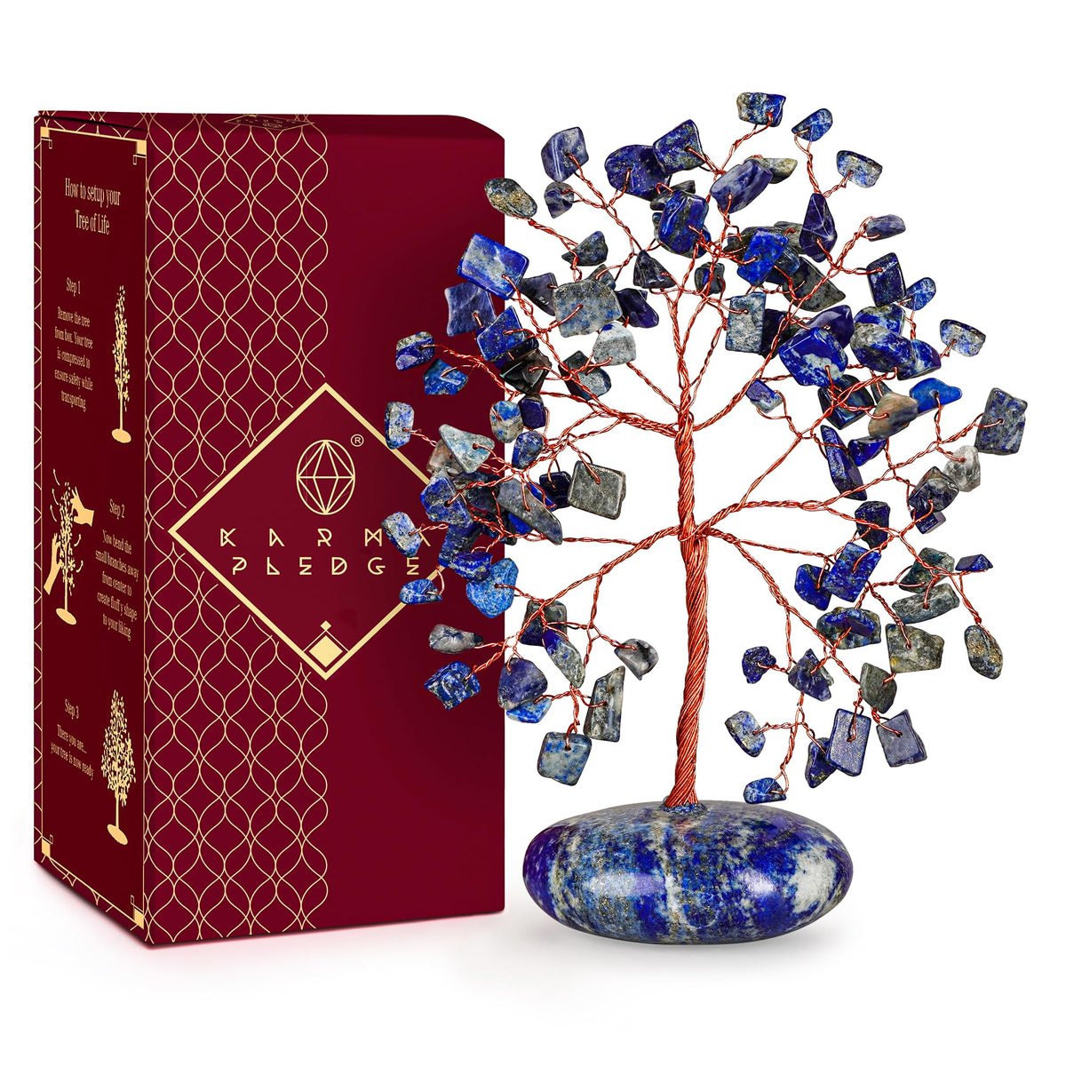 KARMAPLEDGE árbol de vida con lapislázuli y base de piedra, armonía decorativa para el espacio.