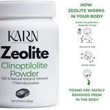 KARN Zeolita en envase transparente con etiqueta clara para almacenamiento.
