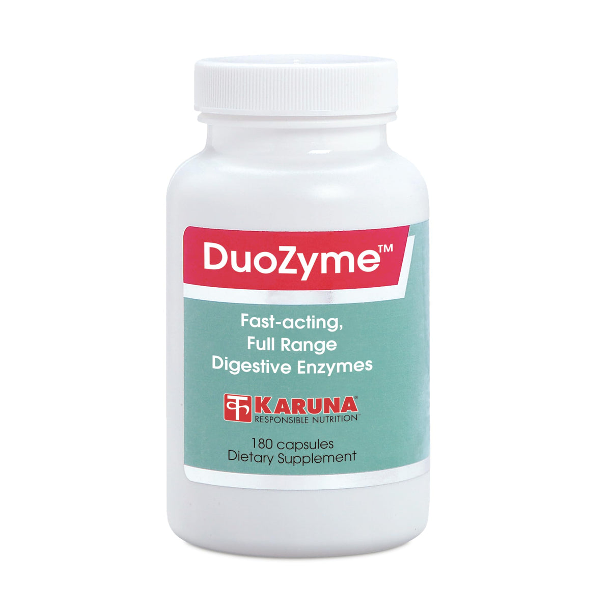 Karuna DuoZyme: botella de cápsulas para apoyo digestivo tras comidas abundantes.