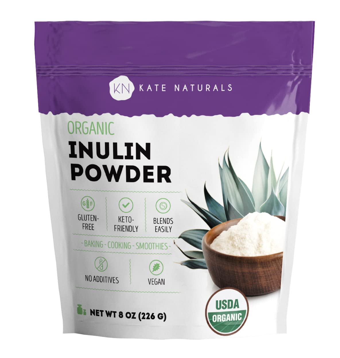 Kate Naturals Inulina Orgánica de Agave, polvo para batidos, fibra prebiótica soluble.