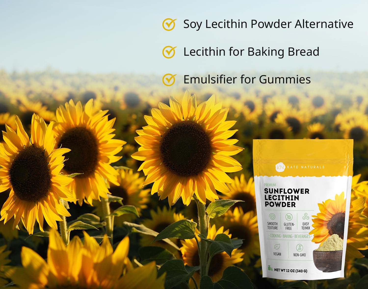 Kate Naturals lecitina de girasol, polvo para gomitas, emulsiona y da consistencia