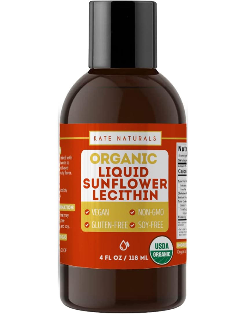 Kate Naturals Lecitina de Girasol Líquida en envase, emulsiona productos de forma natural