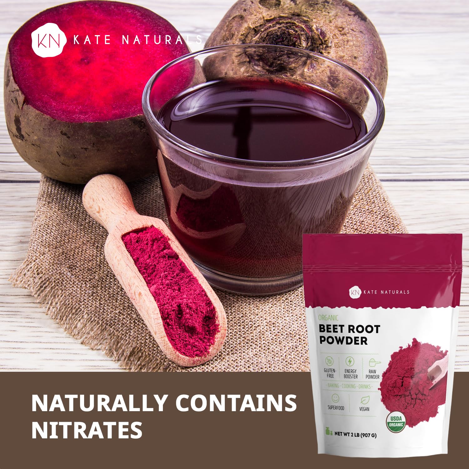 Kate Naturals polvo de remolacha orgánico para repostería, color rojo natural.