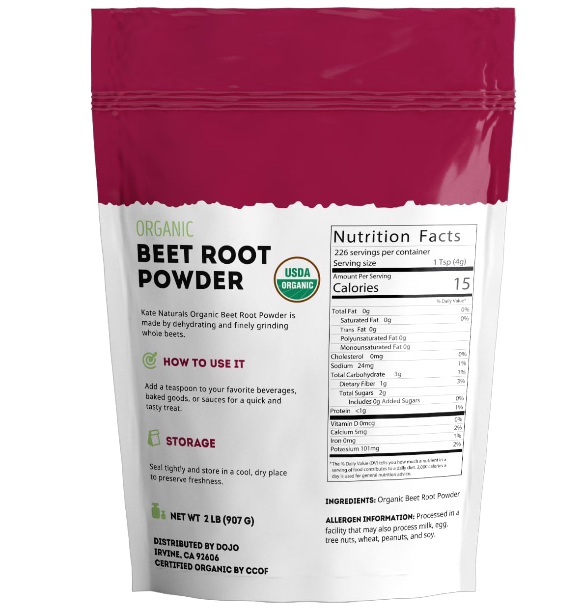 Kate Naturals polvo de remolacha para recetas caseras, añade color y nutrientes.