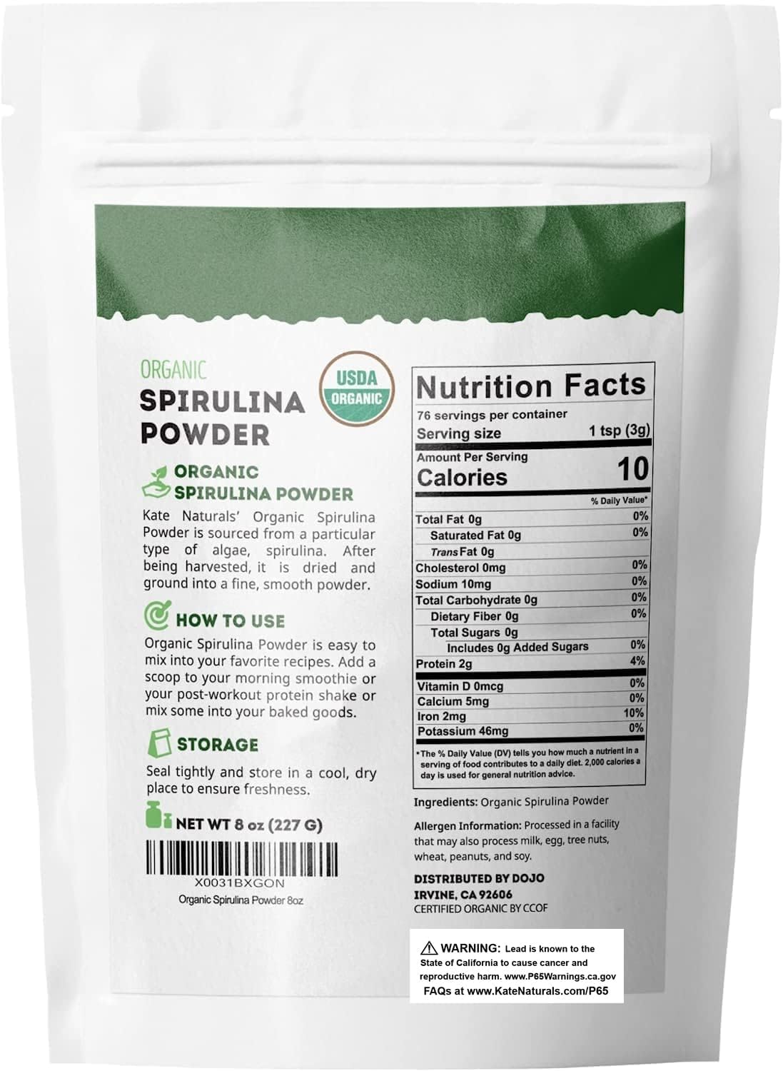 Kate Naturals Spirulina certificado USDA y libre de OGM para confianza.