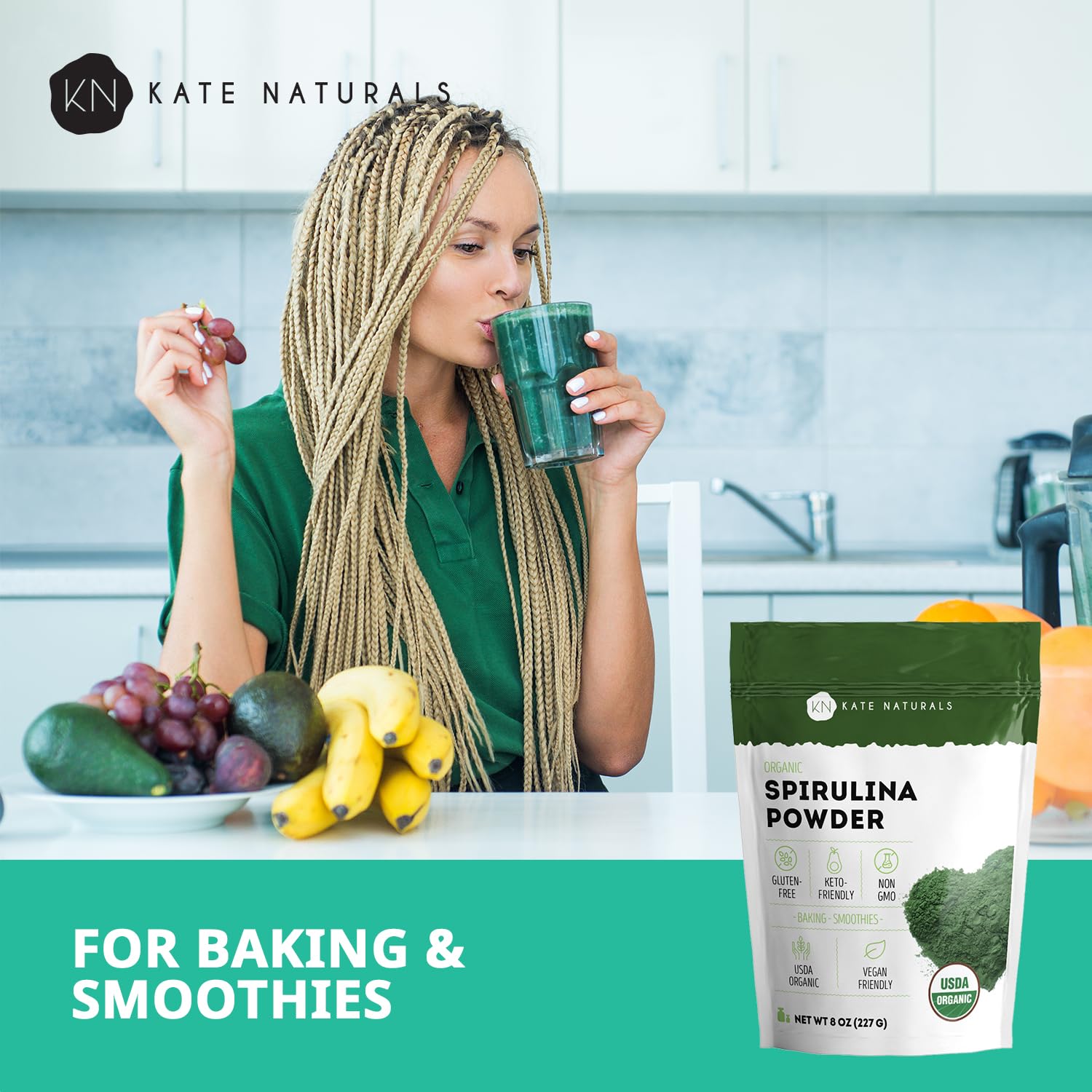 Kate Naturals Spirulina envase reutilizable conserva la frescura del polvo.