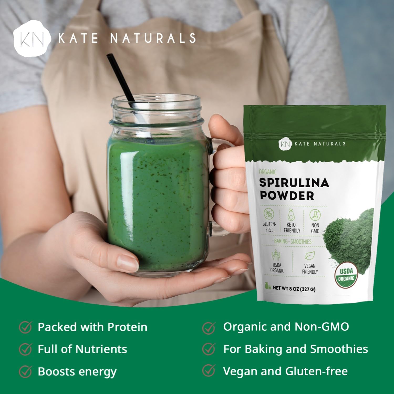 Kate Naturals Spirulina en polvo sobre aderezo para ensaladas saludable.