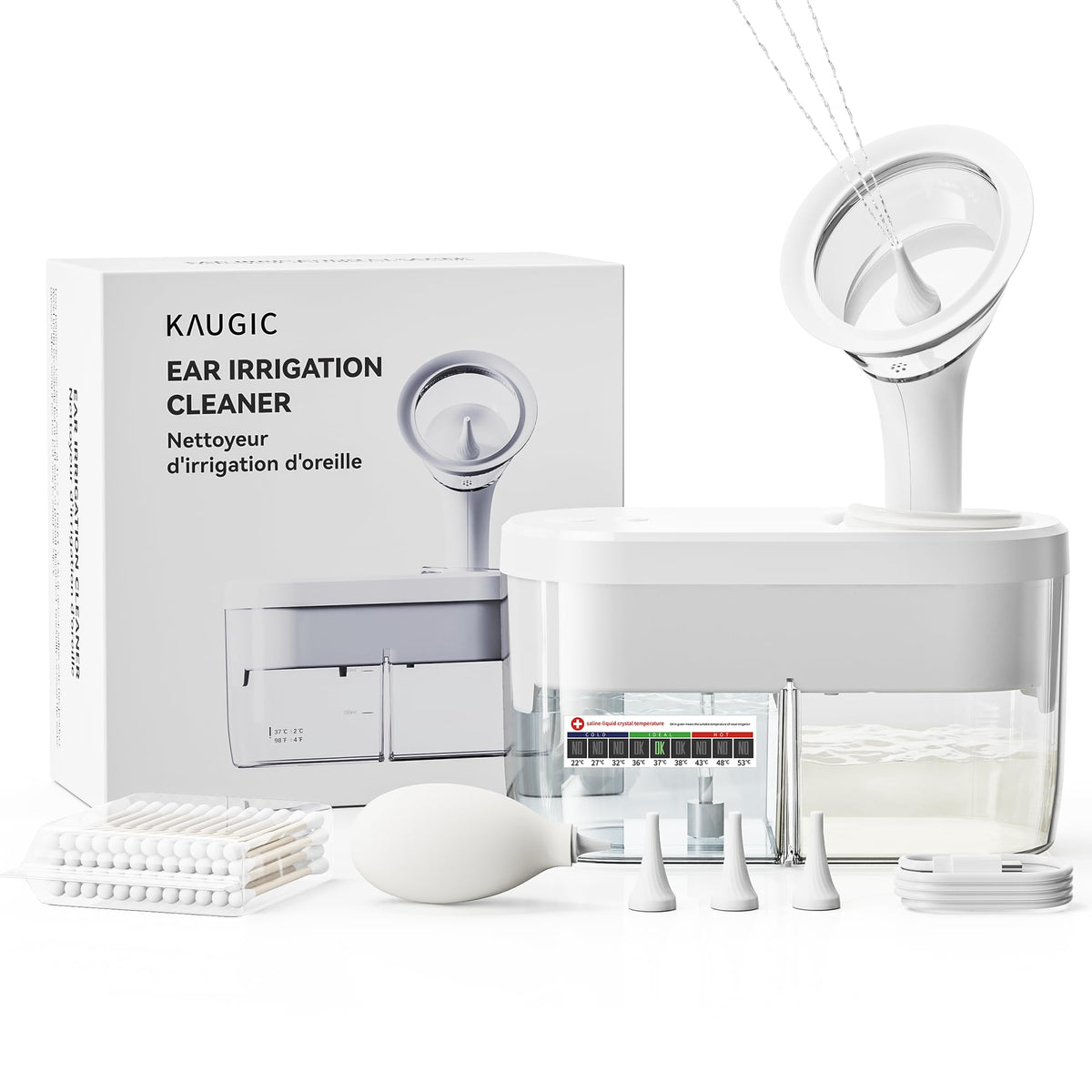 KAUGIC kit eléctrico de limpieza de oídos visto de frente, uso sencillo.
