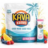 Kava Krave sobres individuales de 15 unidades con sabor cítrico-frutos rojos para alternativa sin alcohol.