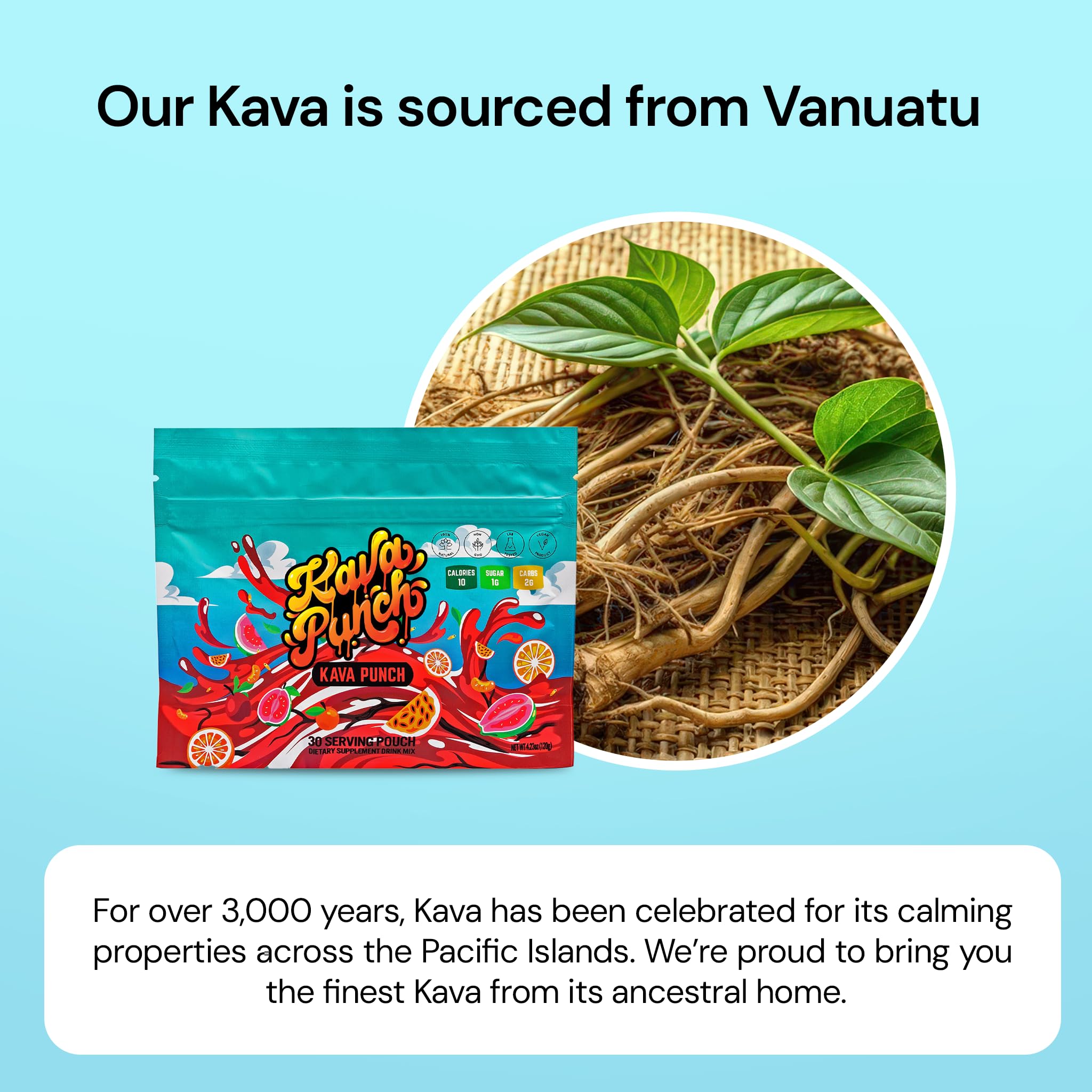 KAVA PUNCH etiqueta nutricional, solo 10 calorías por porción.