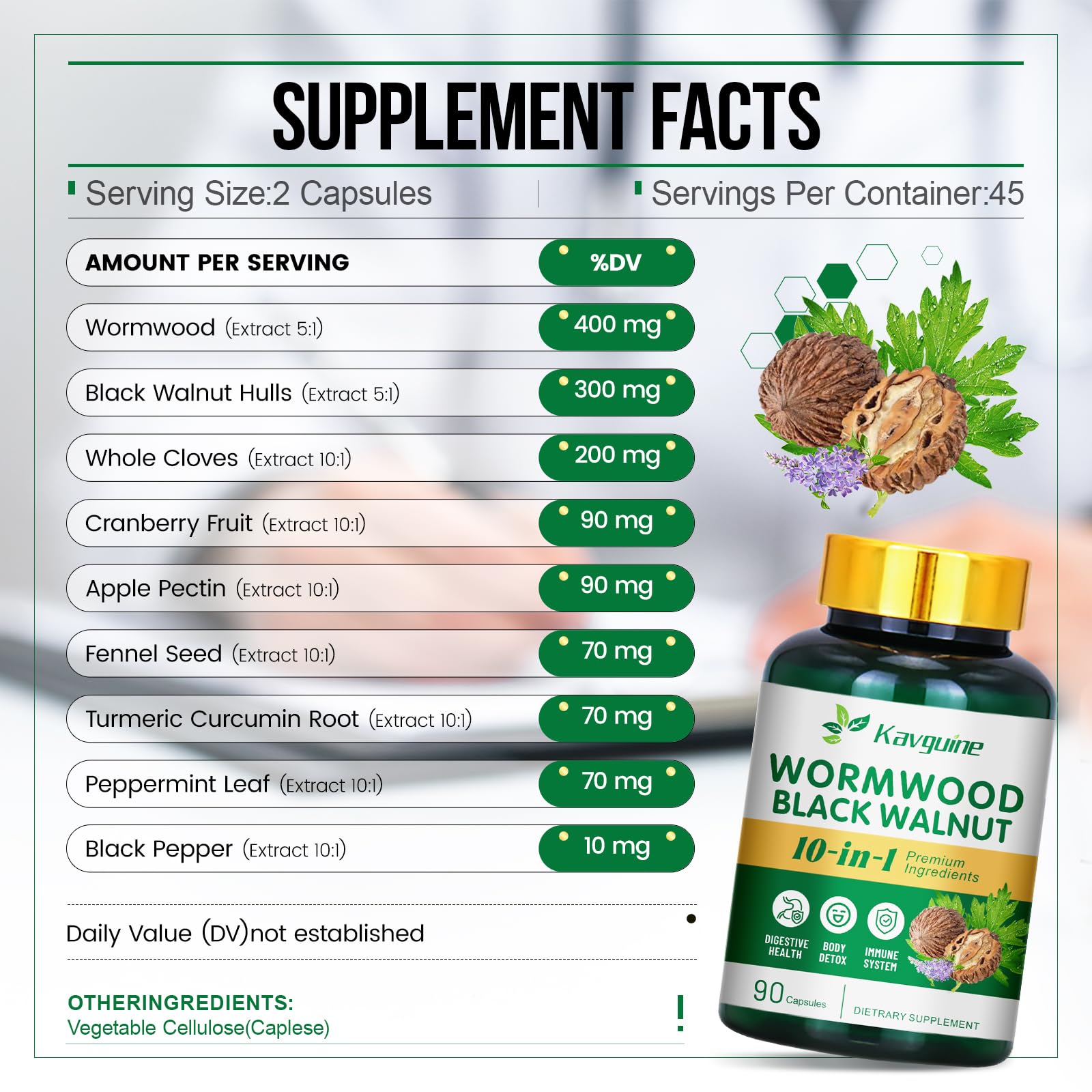 Cápsulas Kavguine con cascaras de nogal negro para balance intestinal.