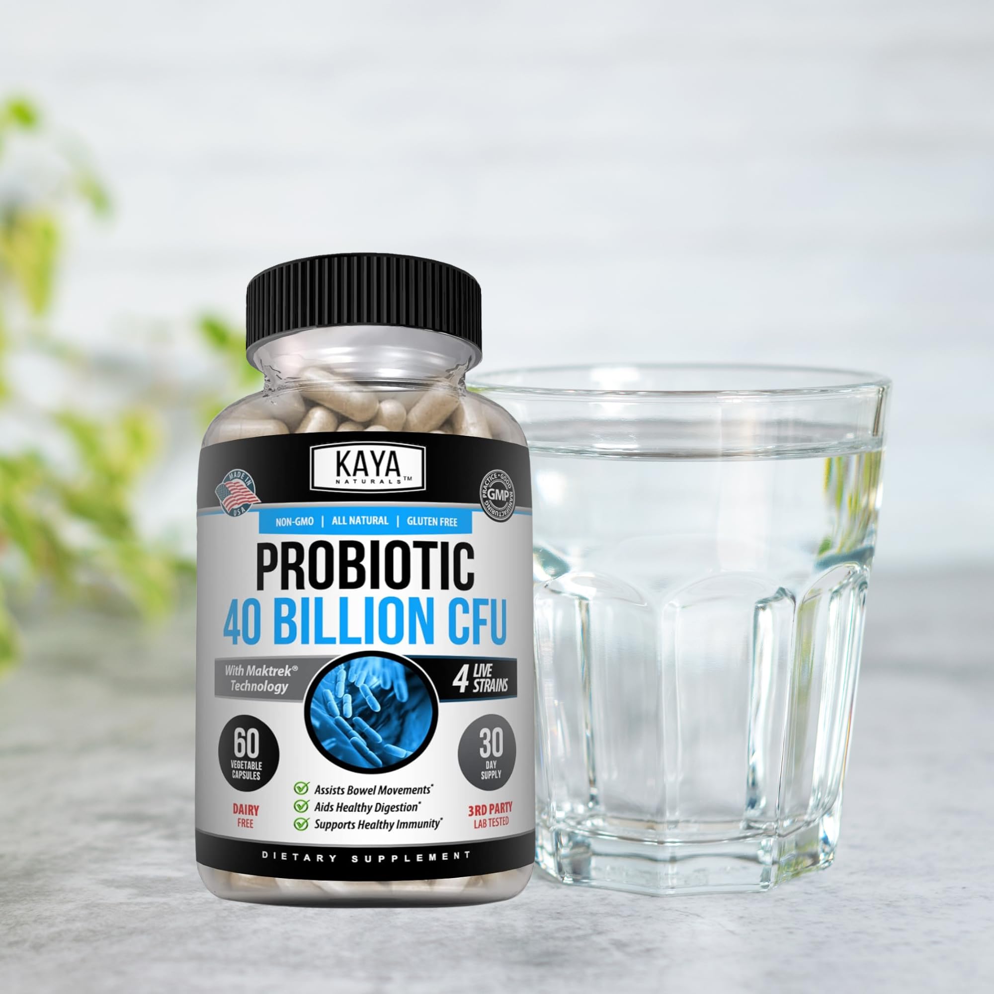 Kaya Naturals Probiotico 40milmillones CFU cápsulas vegetales para consumo diario.