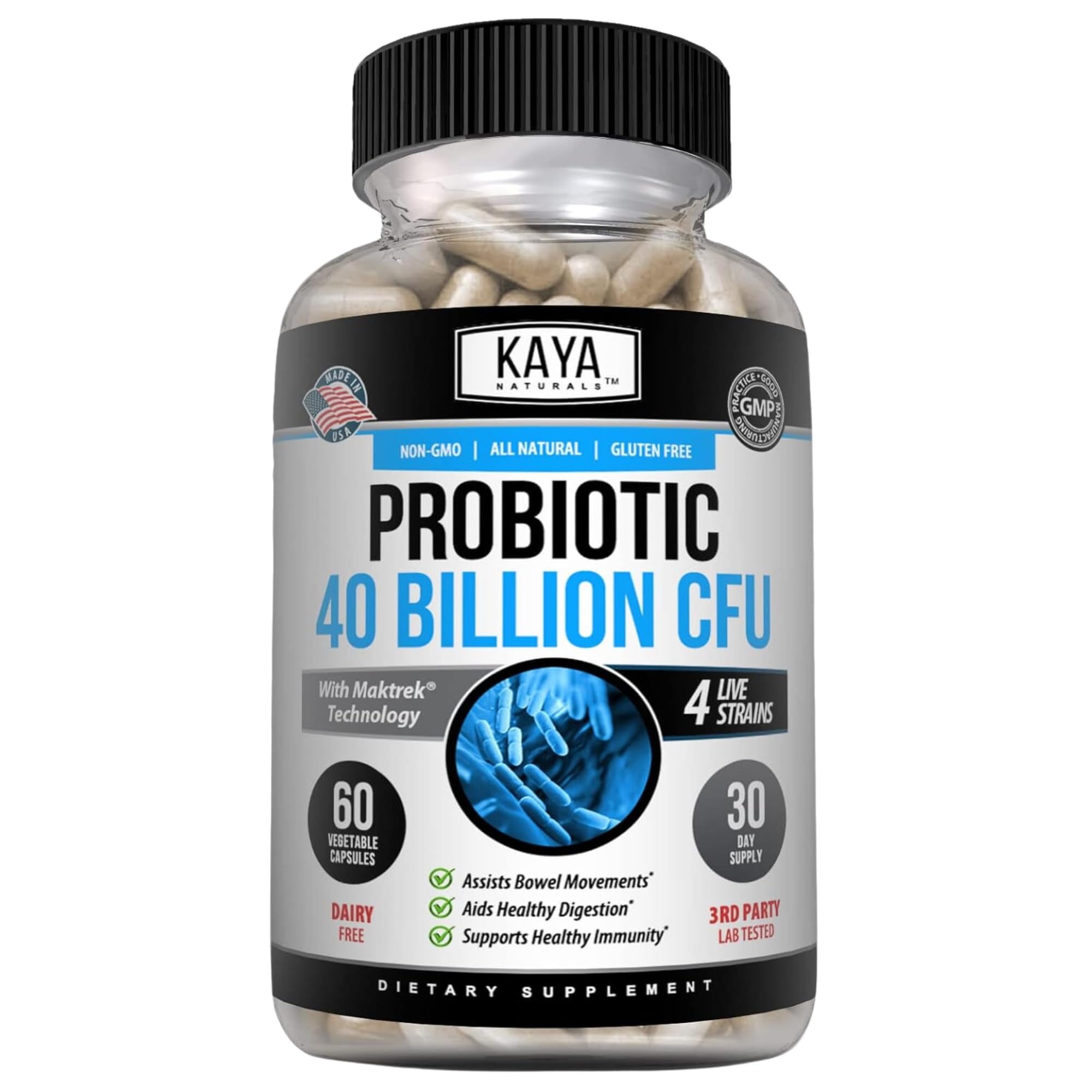 Kaya Naturals Probiotico 40milmillones CFU en cápsulas para equilibrio intestinal.