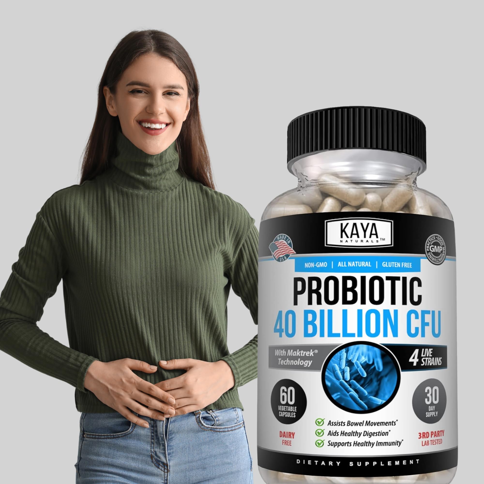 Kaya Naturals Probiotico 40milmillones CFU mantiene equilibrio del microbioma diario.