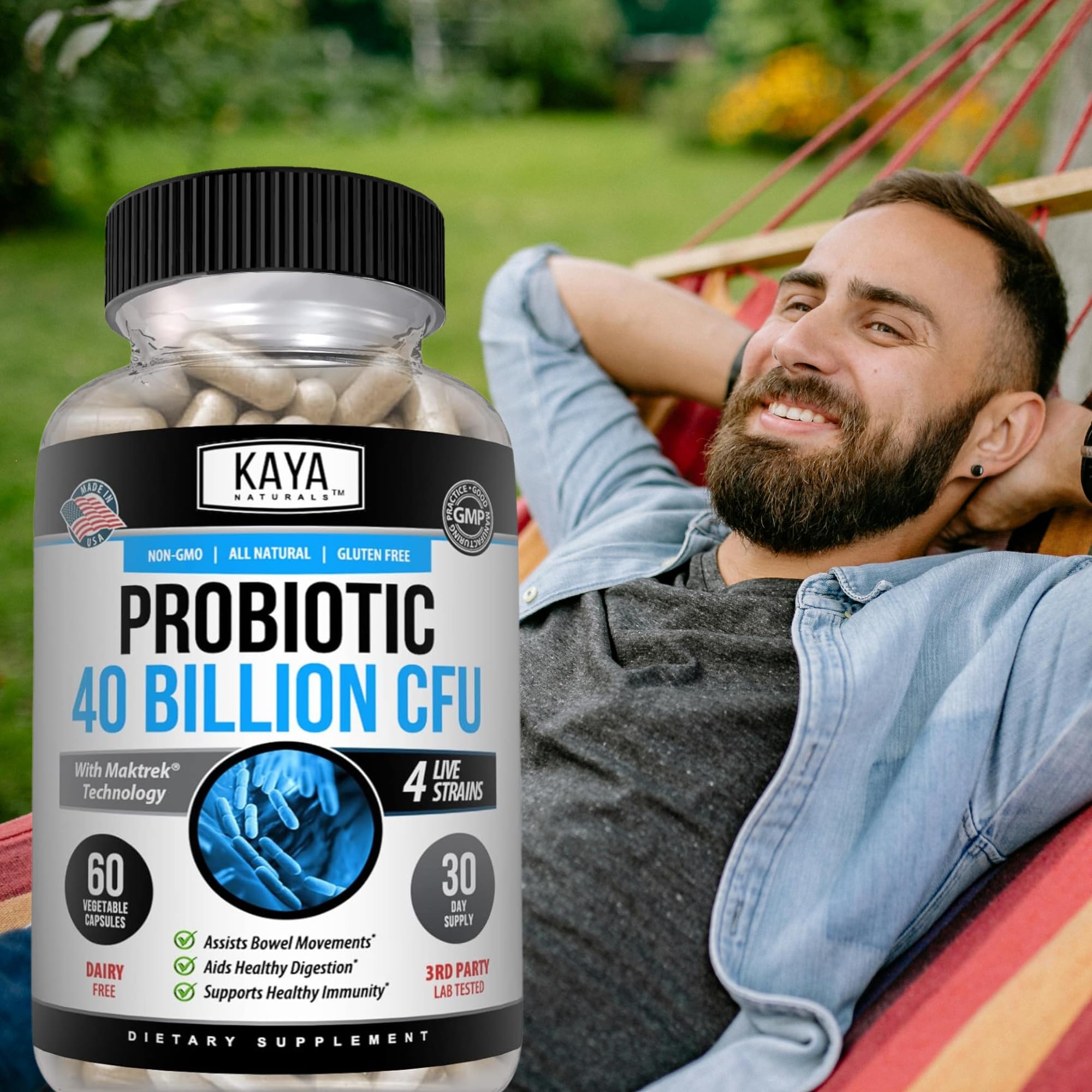 Kaya Naturals Probiotico 40milmillones CFU salud digestiva constante.