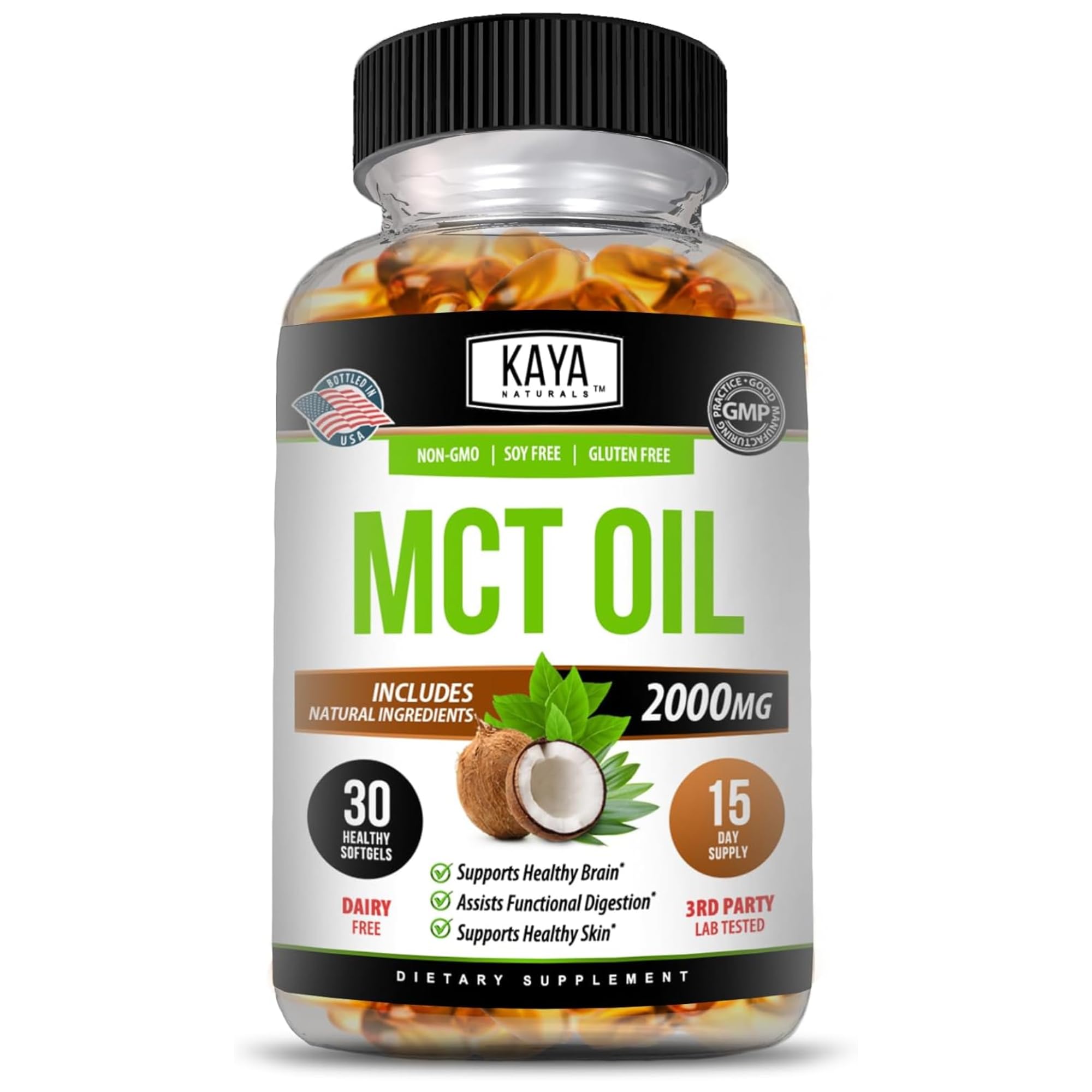 Kaya Naturals Aceite MCT 2000 mg, botella frontal, energía y pureza.