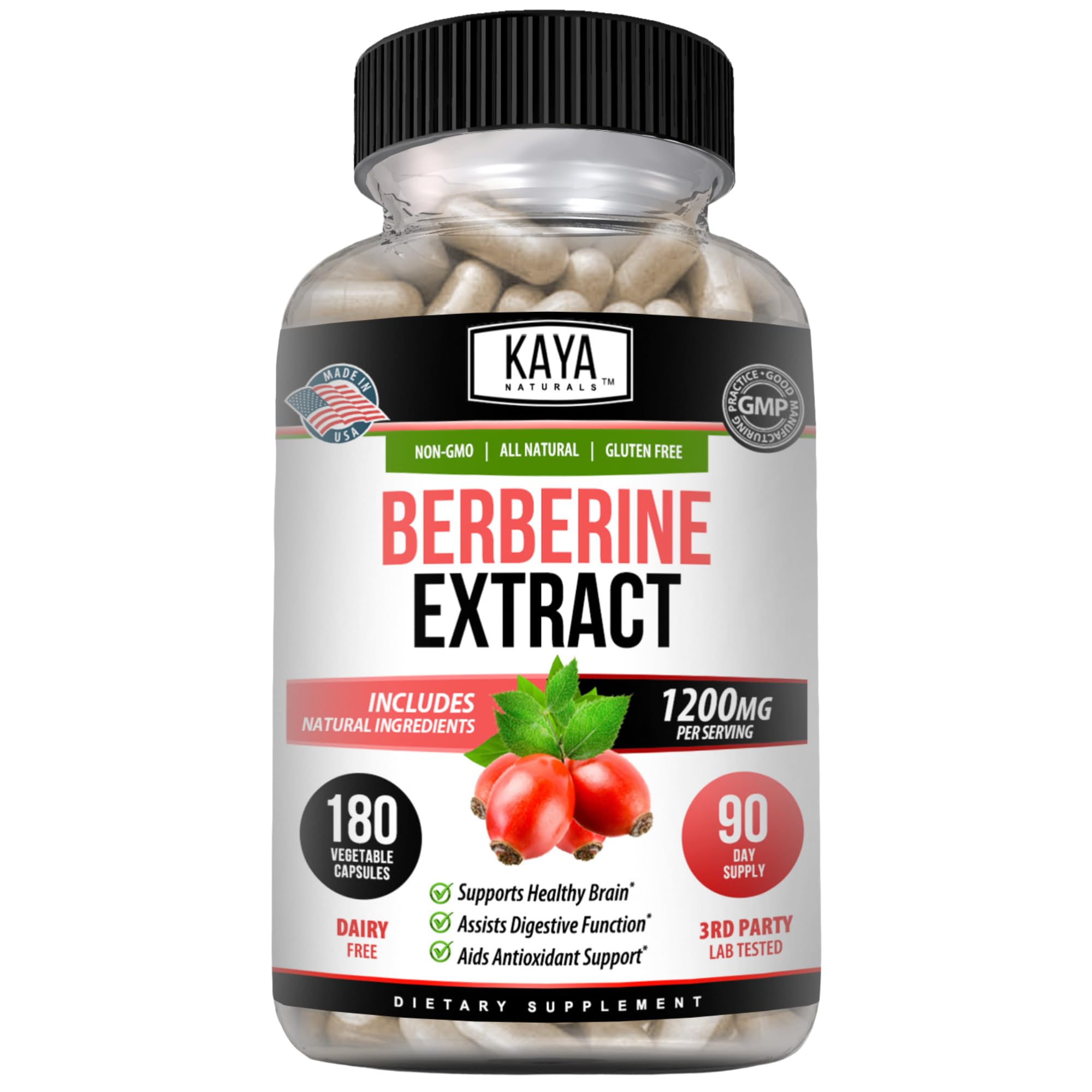 Kaya Naturals Berberina HCL, botella frontal, apoyo al sistema inmunitario.