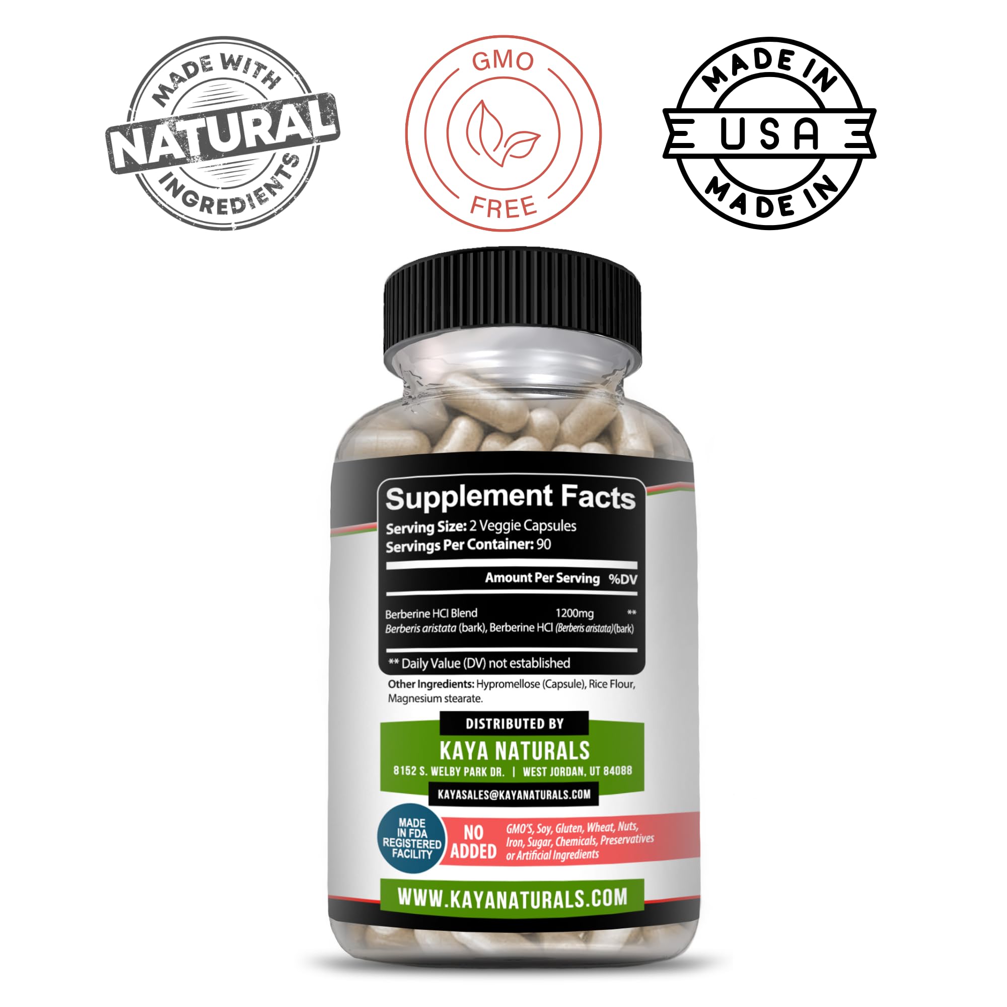 Kaya Naturals Berberina HCL, cápsulas en frasco, consumo diario conveniente.
