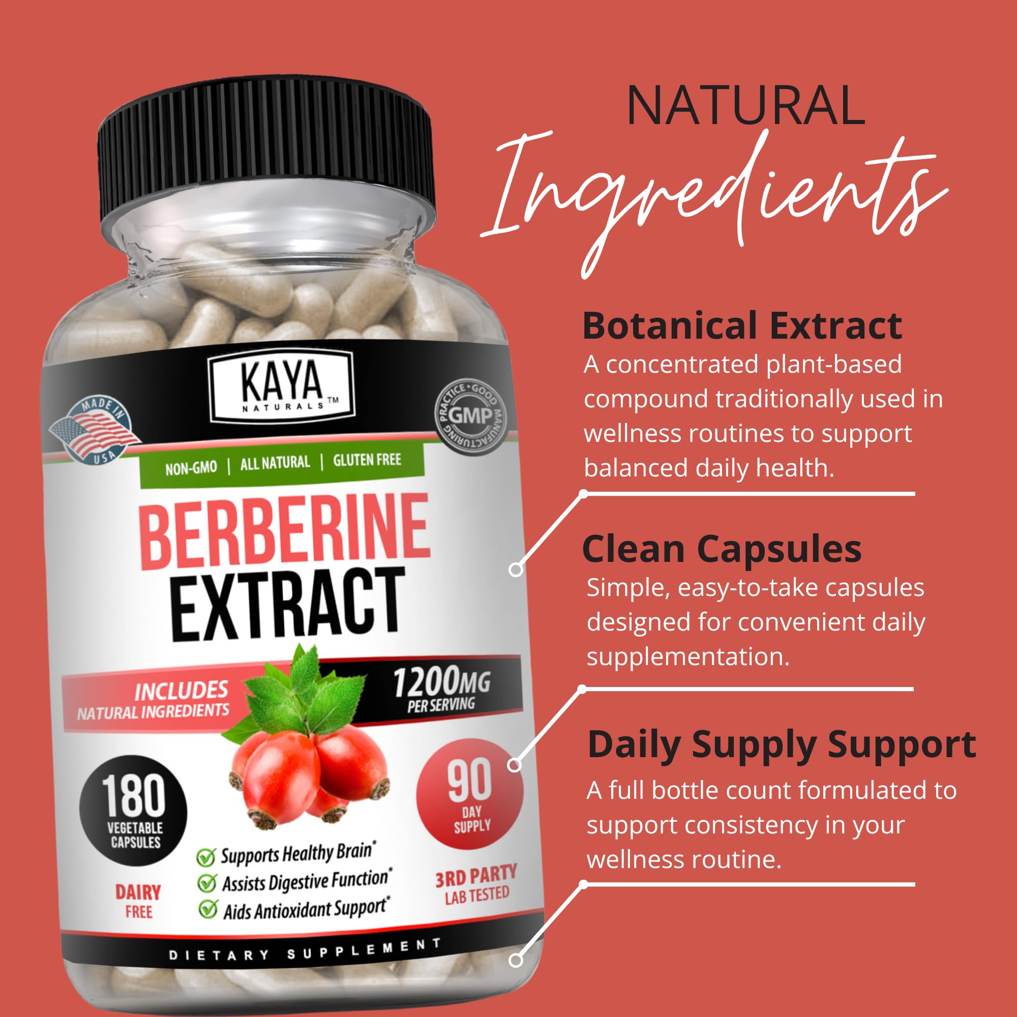 Kaya Naturals Berberina HCL, elaborado en EE. UU., control de calidad para confianza.