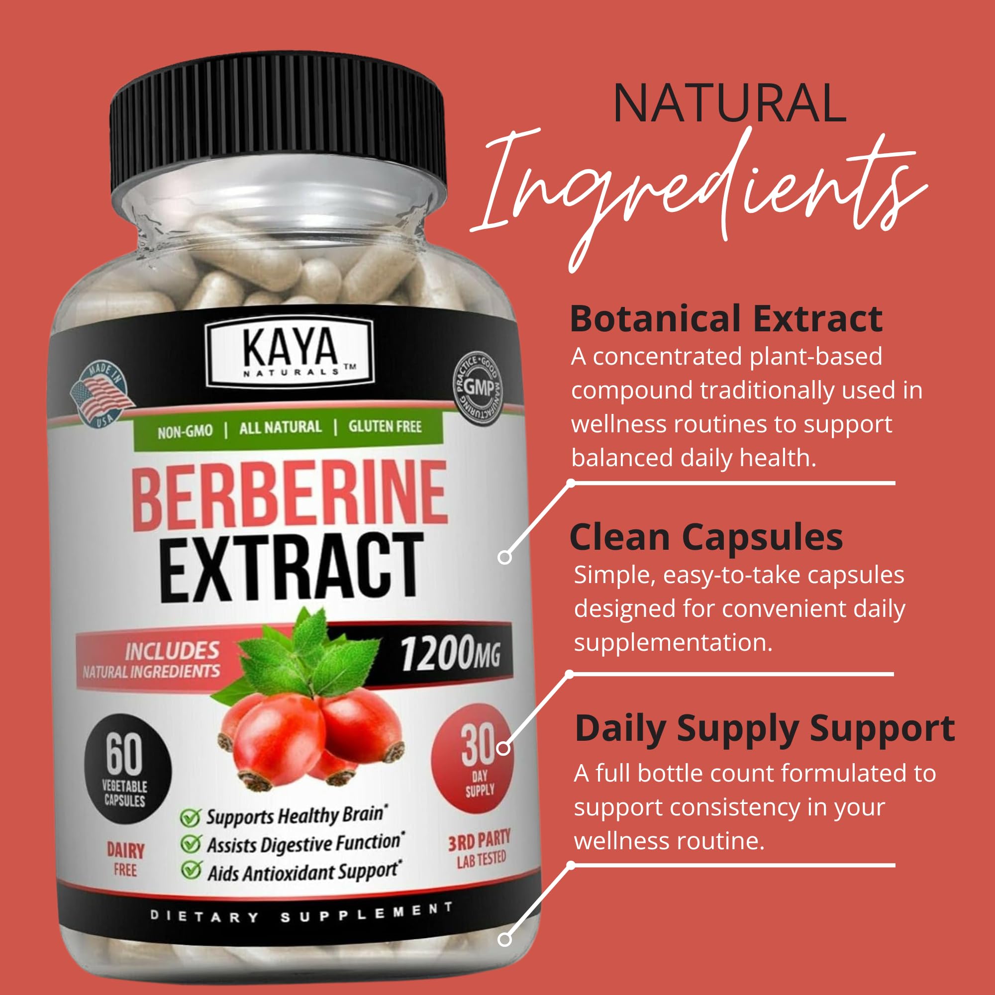 Caja de Kaya Naturals Berberine presentando formato vegetariano
