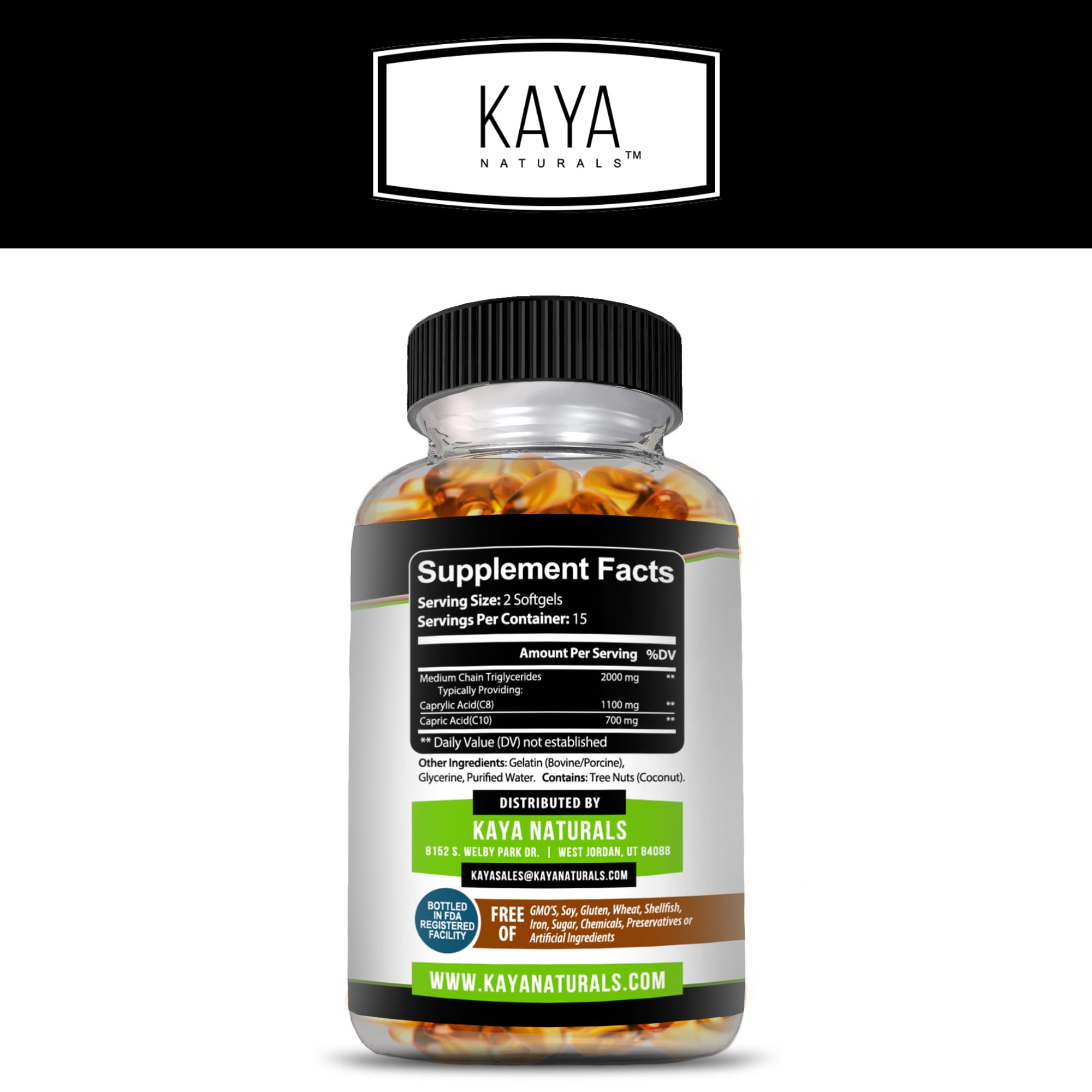 Kaya Naturals cápsulas MCT, primer plano, ingesta diaria fácil.