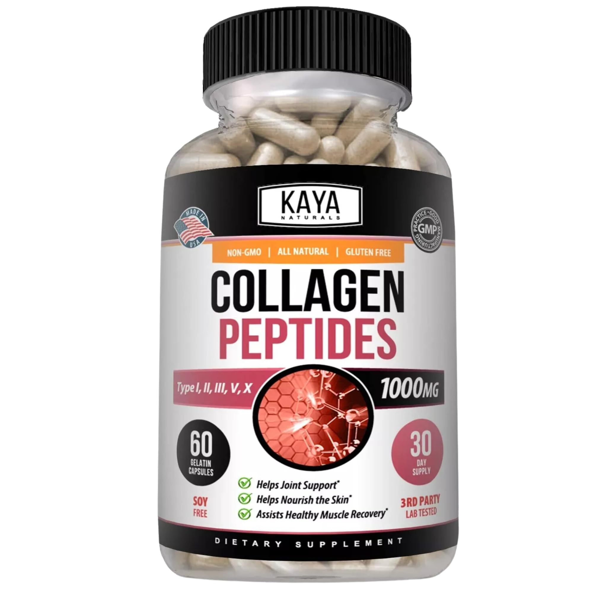Kaya Naturals colageno mezcla cinco tipos en capsulas para apoyo articular.
