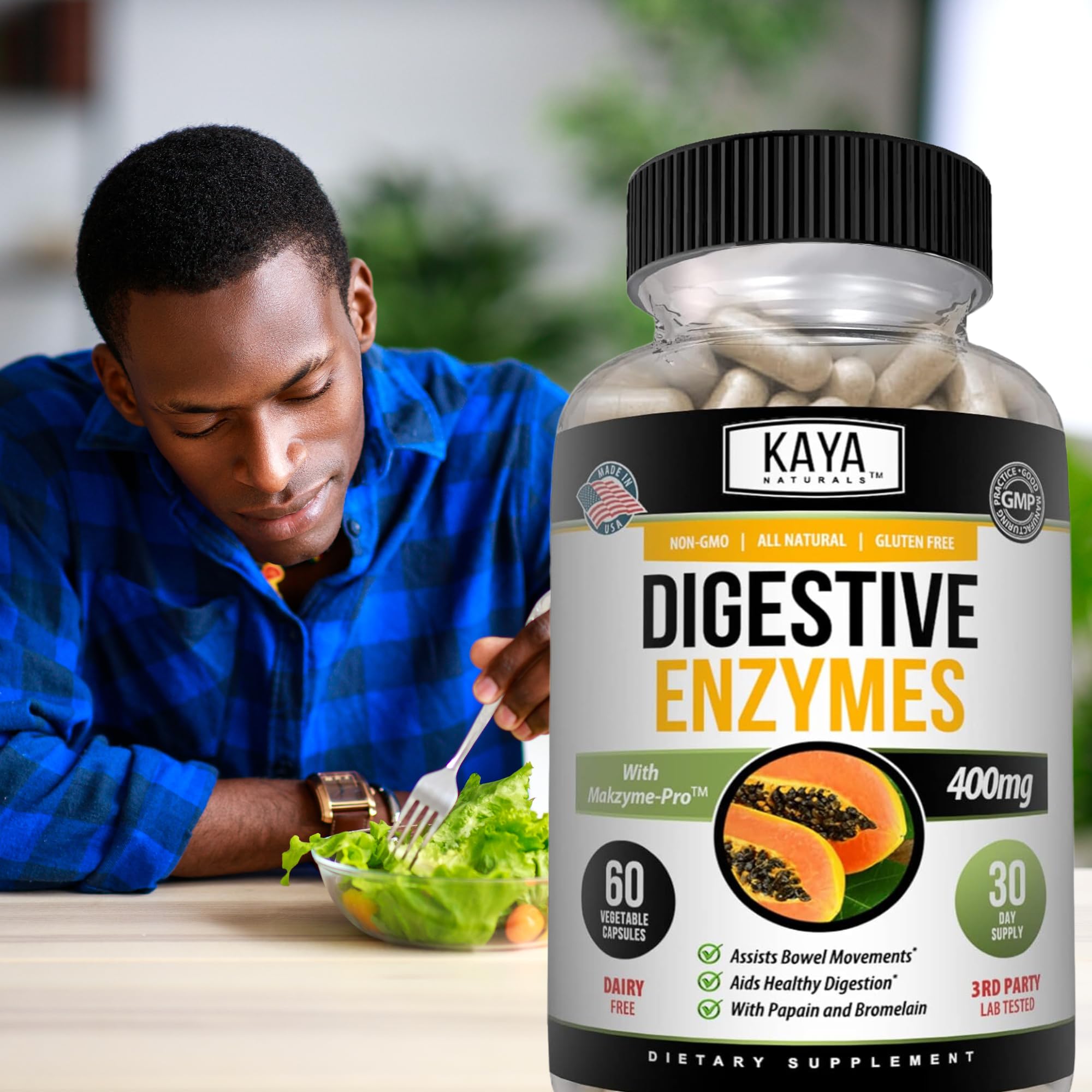 Kaya Naturals Digestive Enzymes presencia de bromelina y papaína para digestión