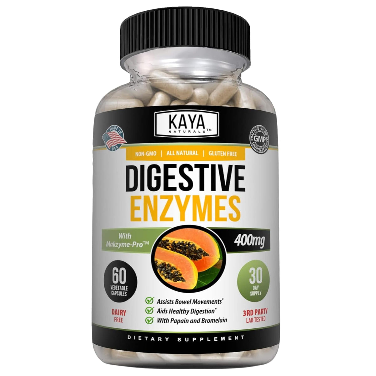 Kaya Naturals Digestive Enzymes envase en primer plano, posible apoyo digestivo diario