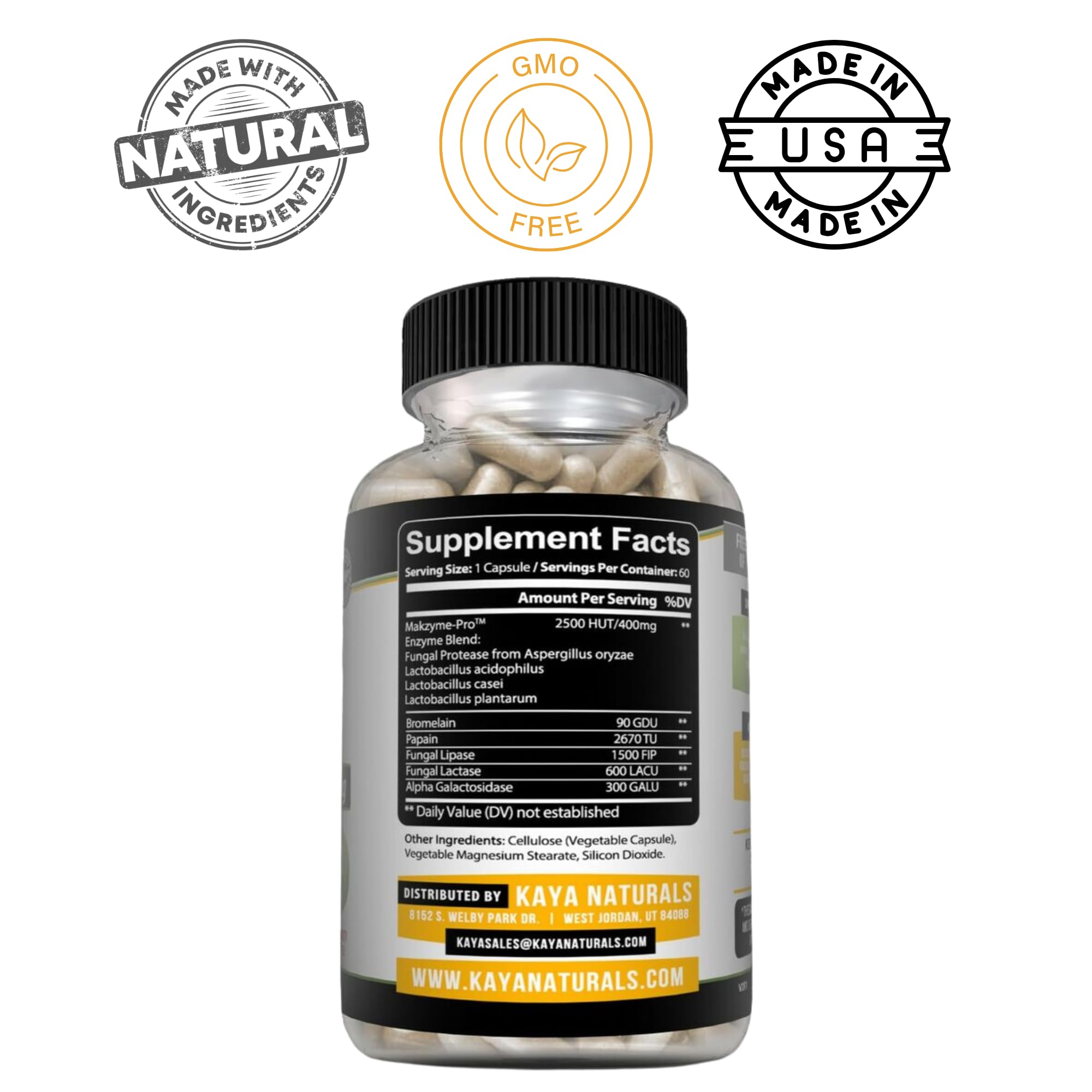 Kaya Naturals Digestive Enzymes etiqueta visible, destacando entrega probiótica 3D