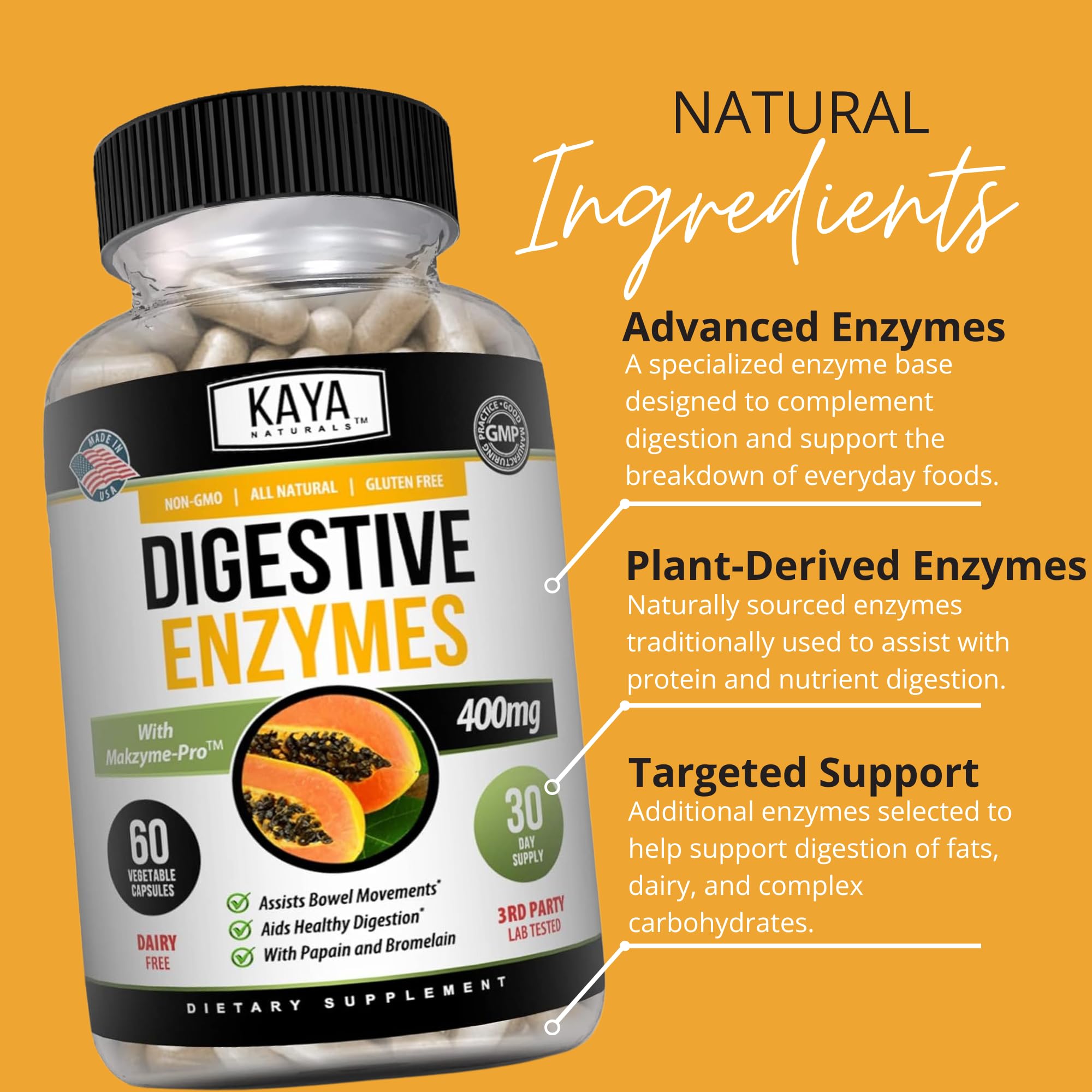 Kaya Naturals Digestive Enzymes frasco con cápsulas, diseño limpio