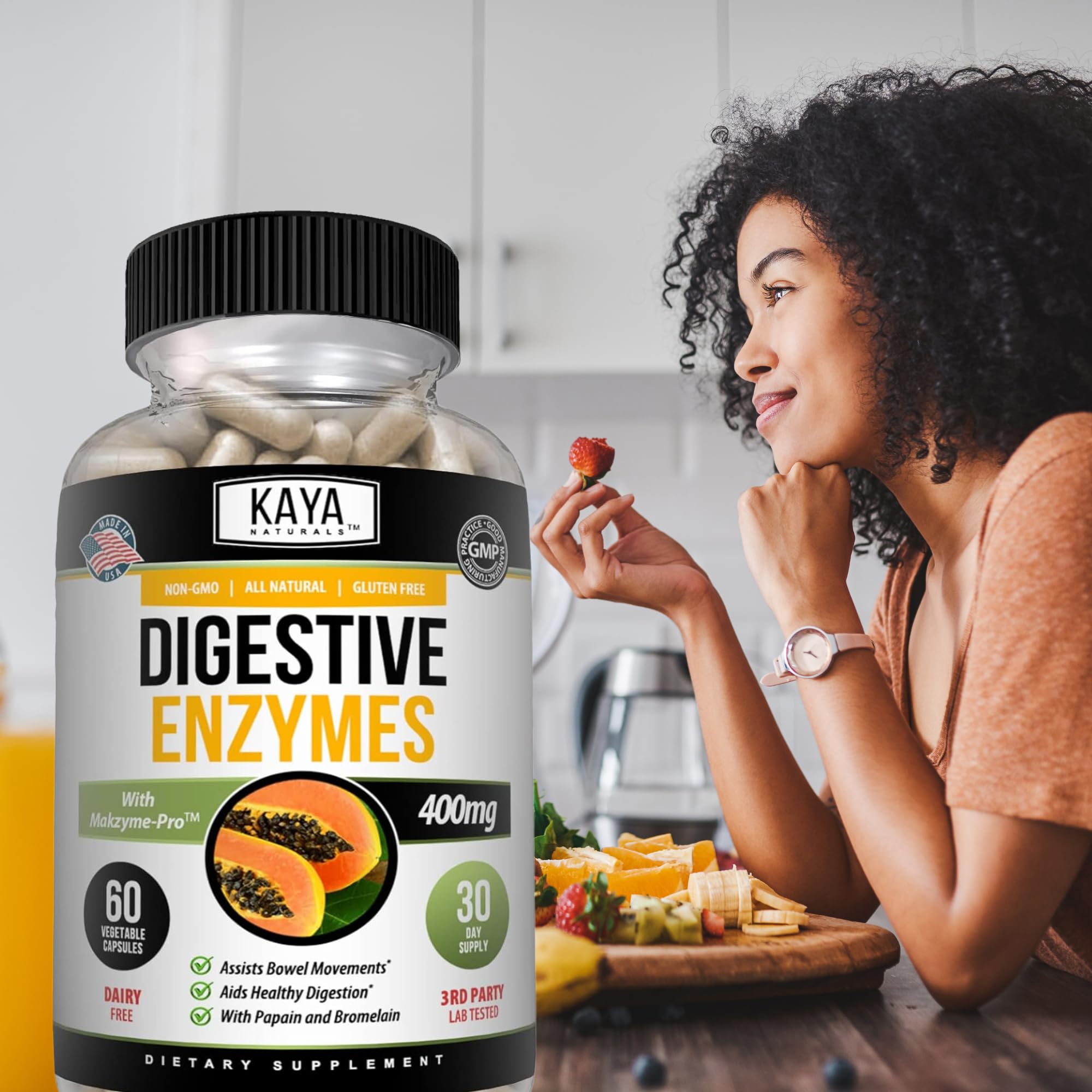 Kaya Naturals Digestive Enzymes etiqueta con ingredientes clave: prebióticos y probióticos